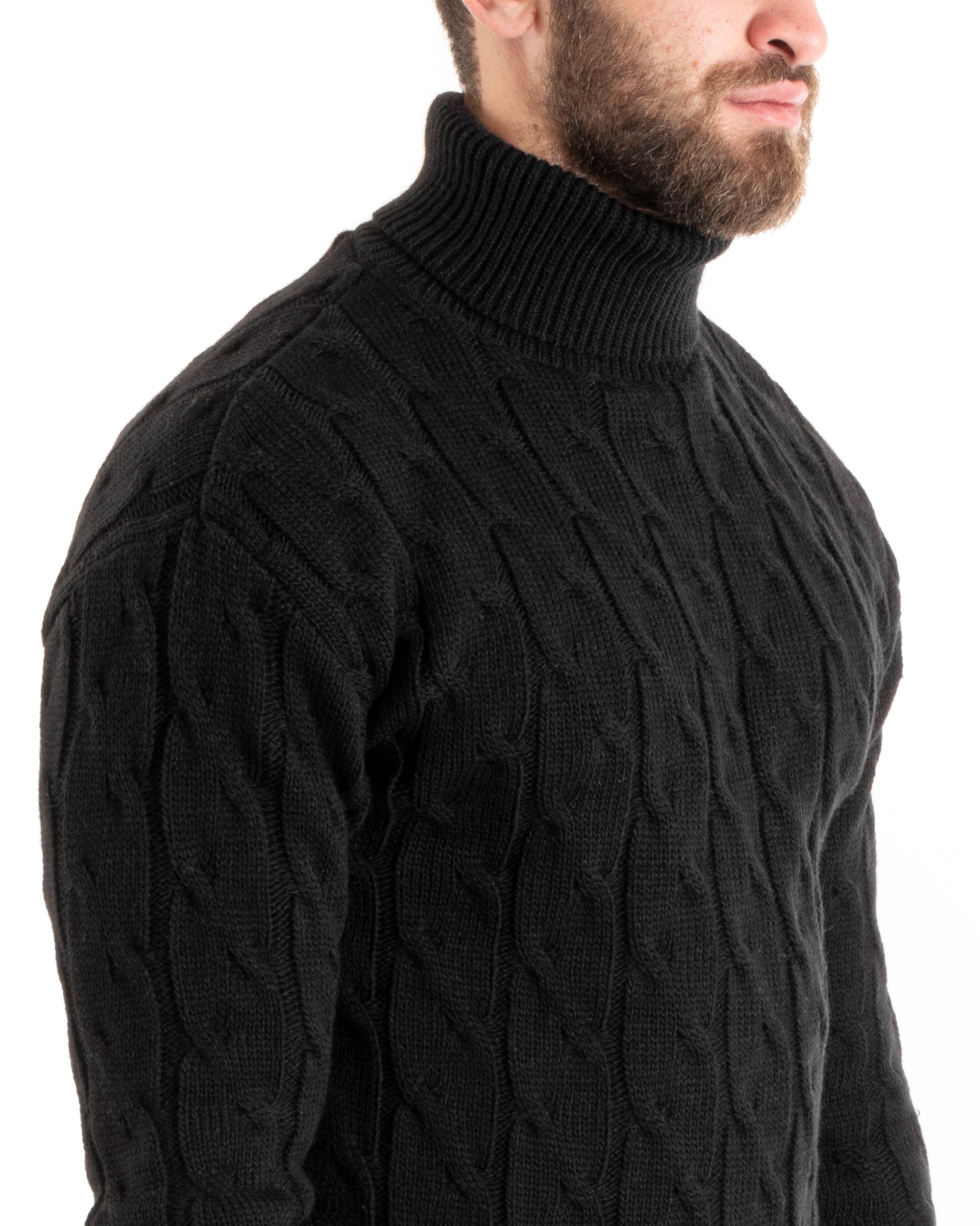 Maglioncino Uomo Collo Alto Maglia Inglese Con Trecce Nero Pullover Dolcevita GIOSAL-M2715A