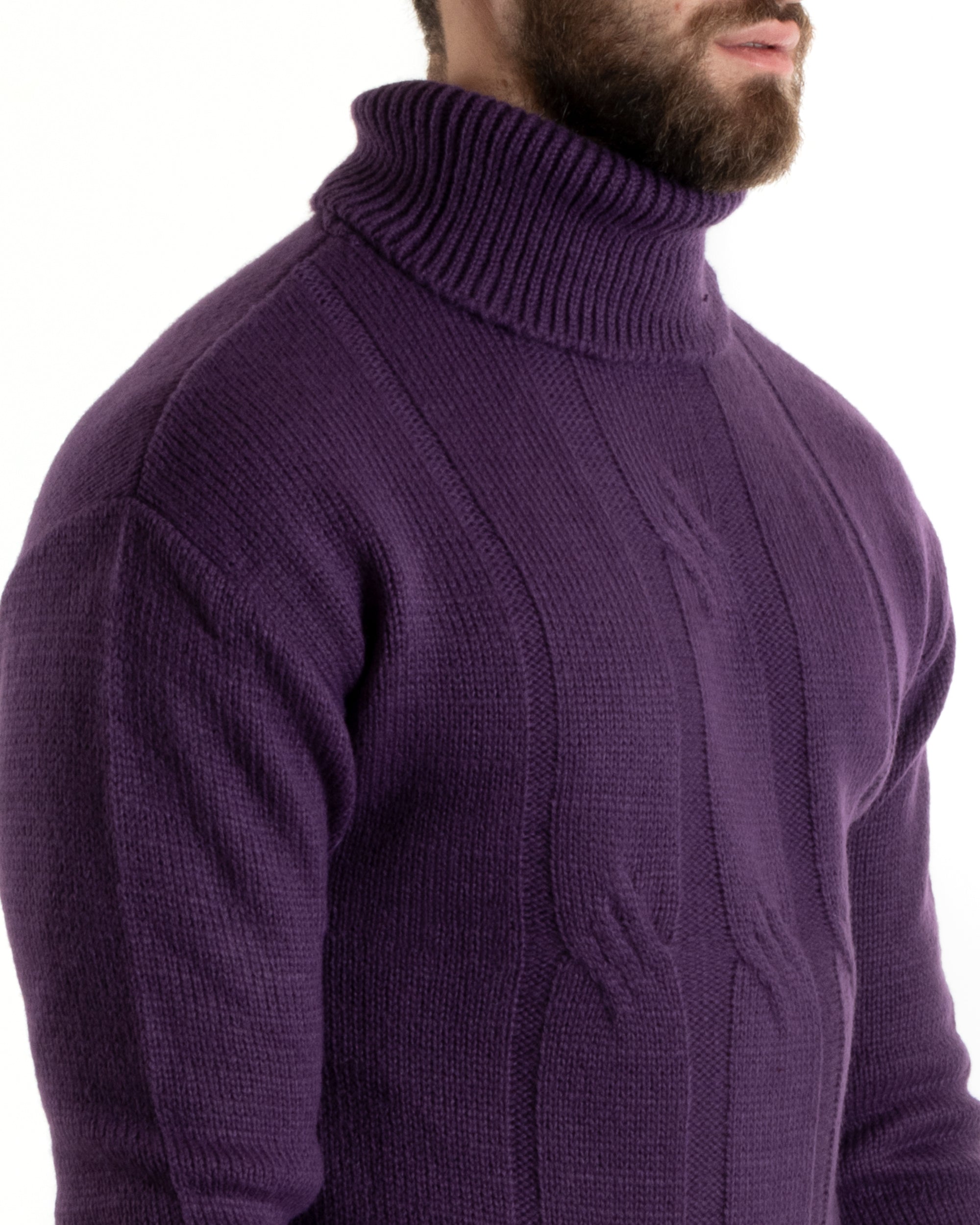Maglioncino Uomo Collo Alto Maglia Inglese Con Trecce Viola Pullover Dolcevita GIOSAL-M2725A