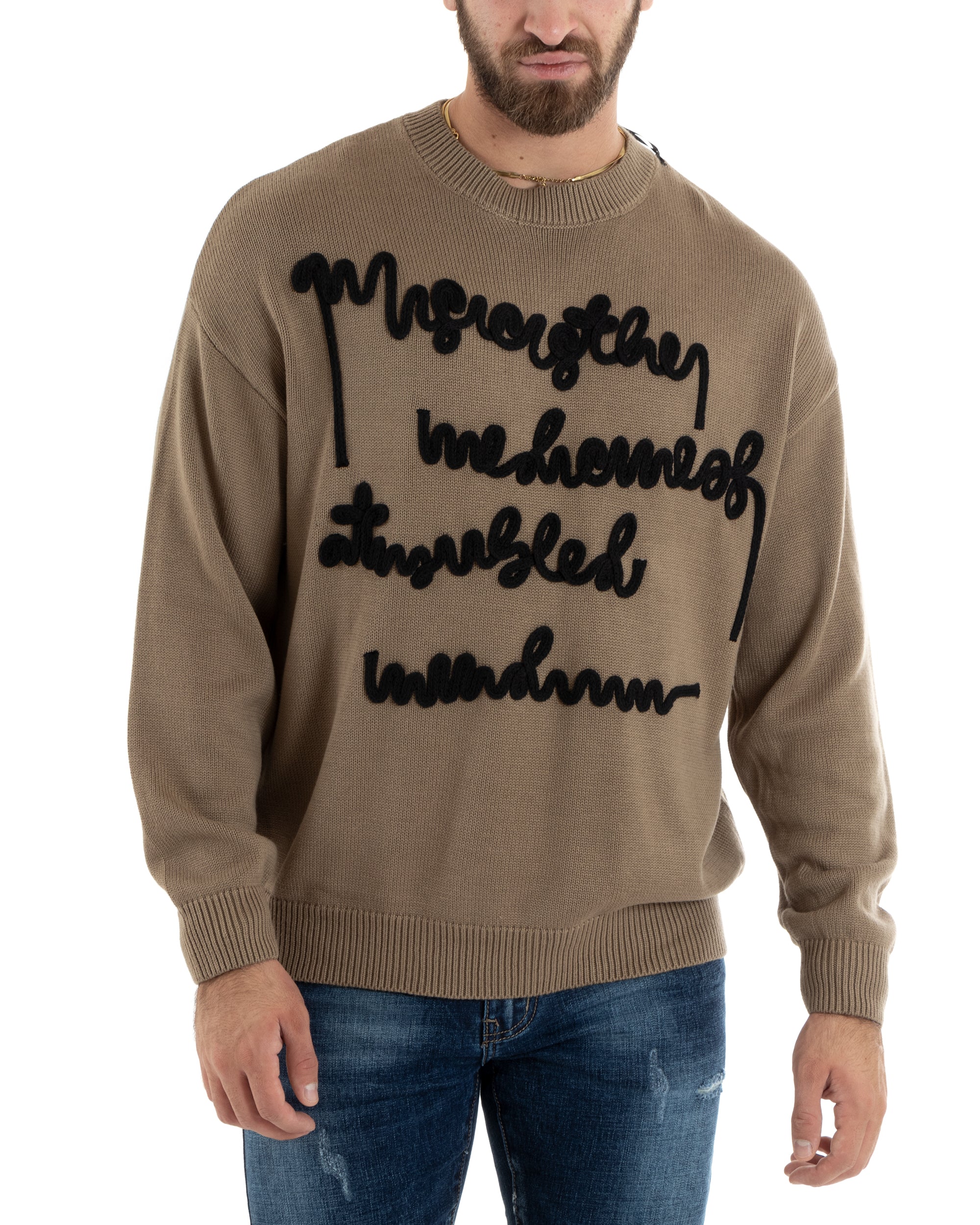 Maglioncino Uomo Girocollo Maglia Camel Maglione Over Scritta Ricamata
