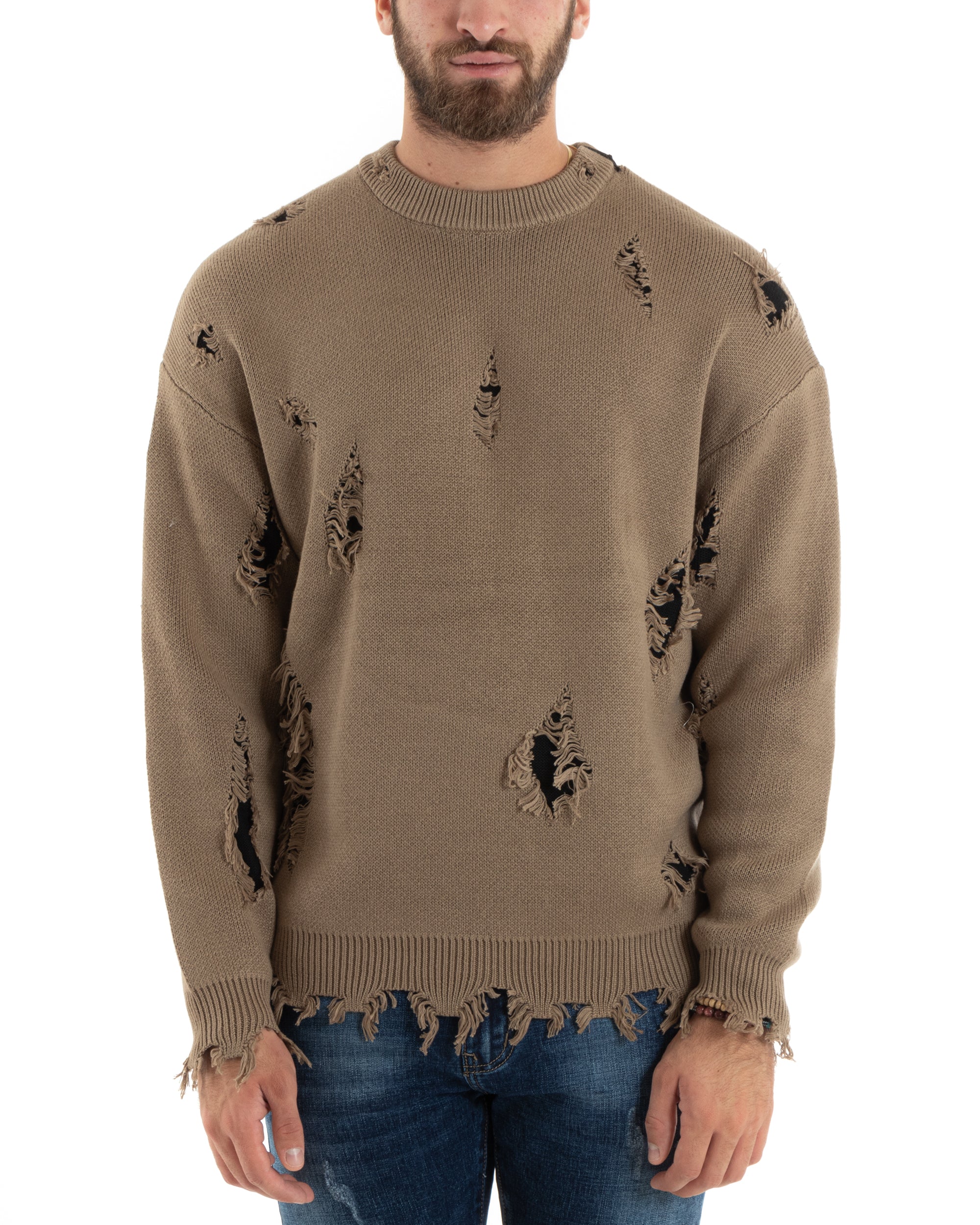 Maglioncino Uomo Girocollo Maglia Sfrangiata Camel Maglione Over Con Rotture GIOSAL-M2732A