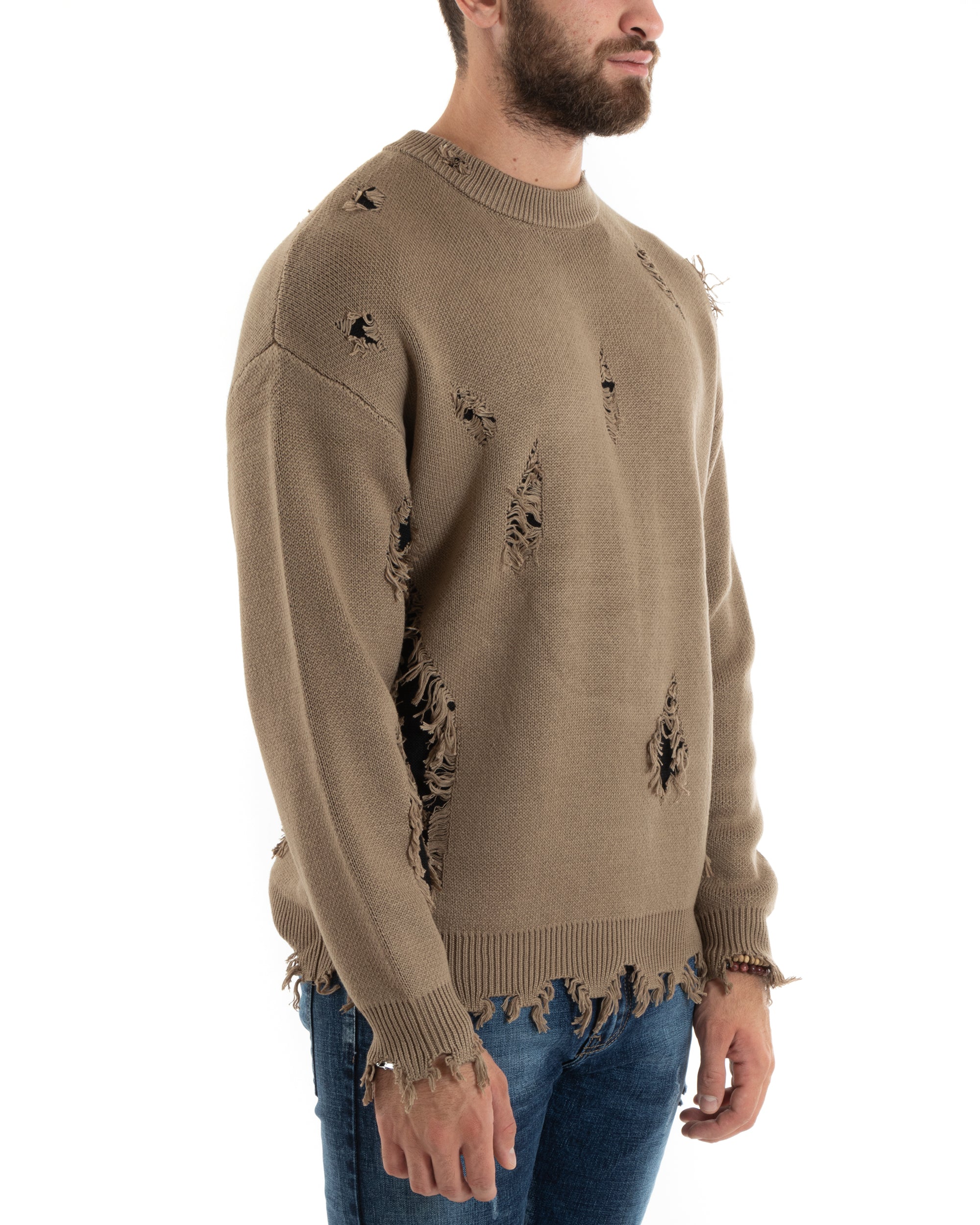 Maglioncino Uomo Girocollo Maglia Sfrangiata Camel Maglione Over Con Rotture GIOSAL-M2732A