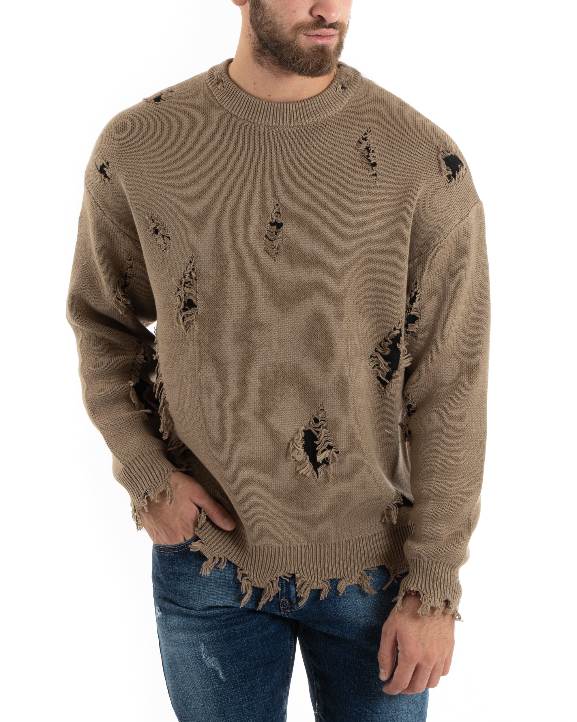 Maglioncino Uomo Girocollo Maglia Sfrangiata Camel Maglione Over Con Rotture GIOSAL-M2732A
