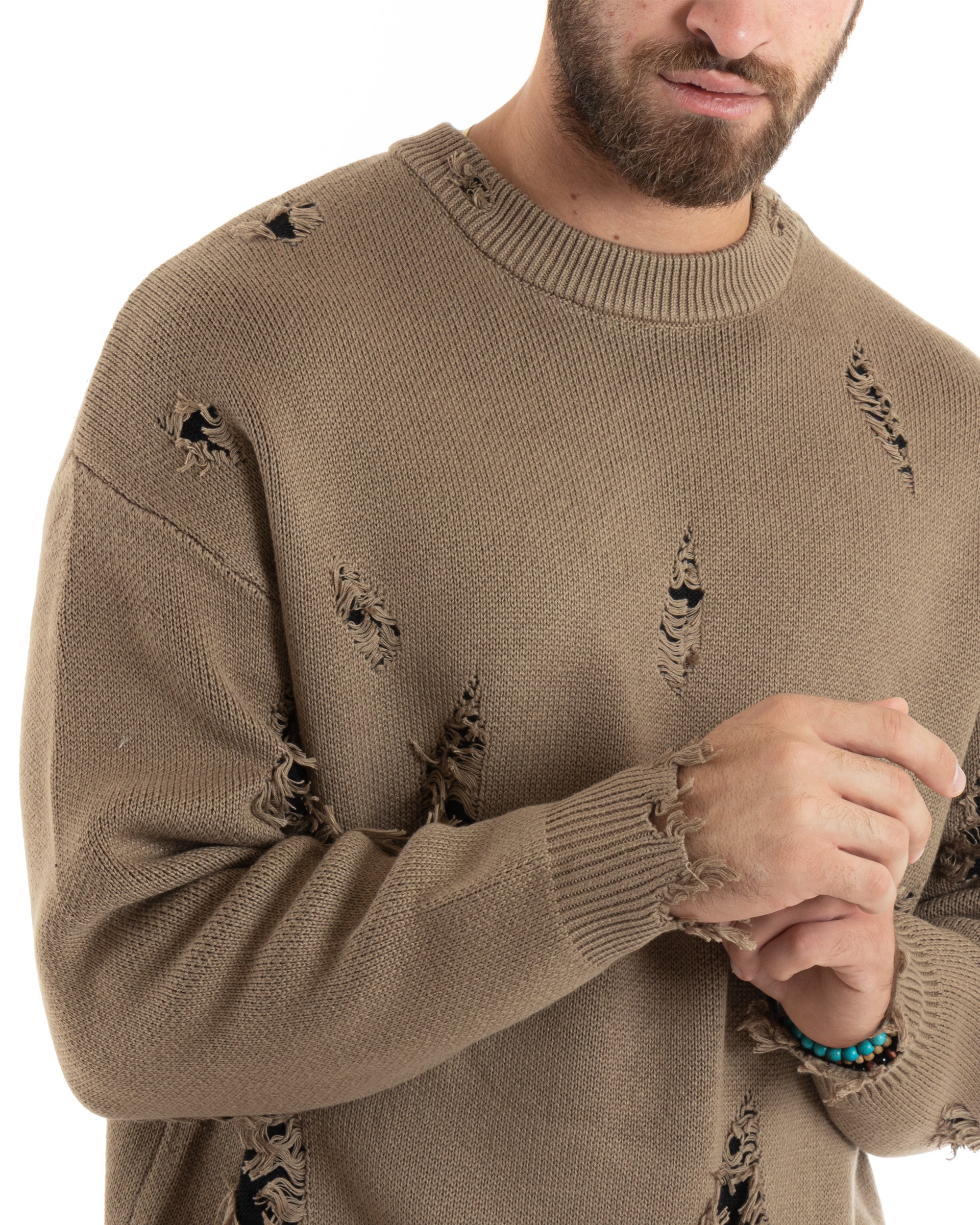 Maglioncino Uomo Girocollo Maglia Sfrangiata Camel Maglione Over Con Rotture GIOSAL-M2732A