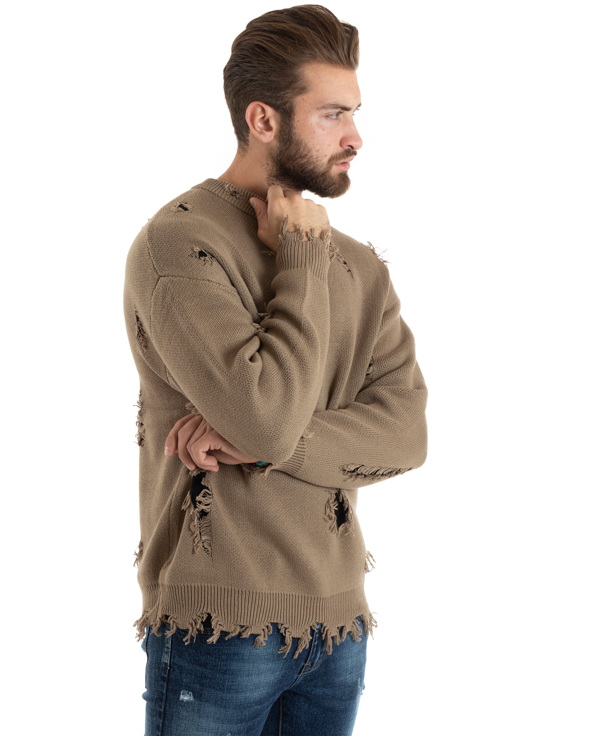 Maglioncino Uomo Girocollo Maglia Sfrangiata Camel Maglione Over Con Rotture GIOSAL-M2732A