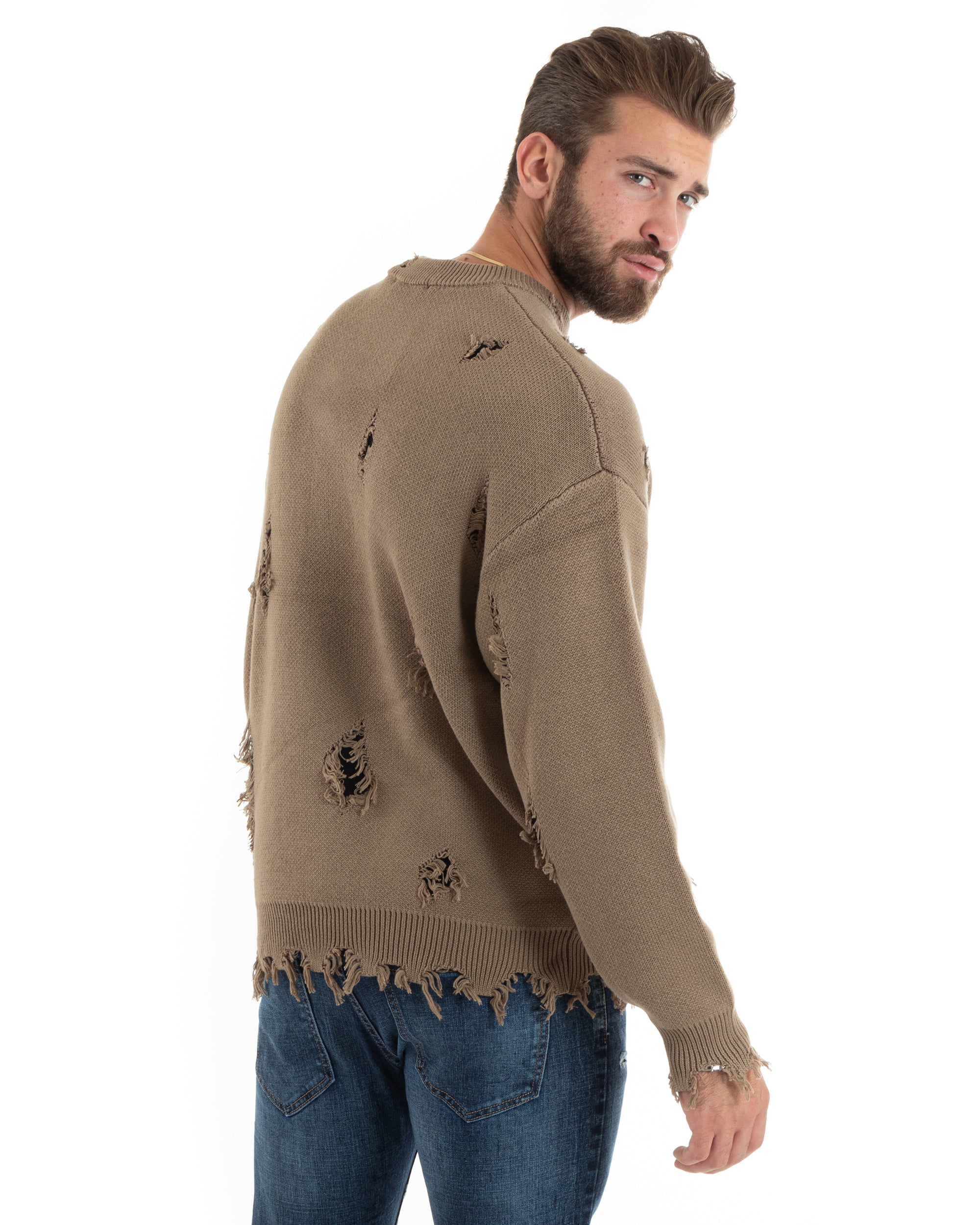 Maglioncino Uomo Girocollo Maglia Sfrangiata Camel Maglione Over Con Rotture GIOSAL-M2732A