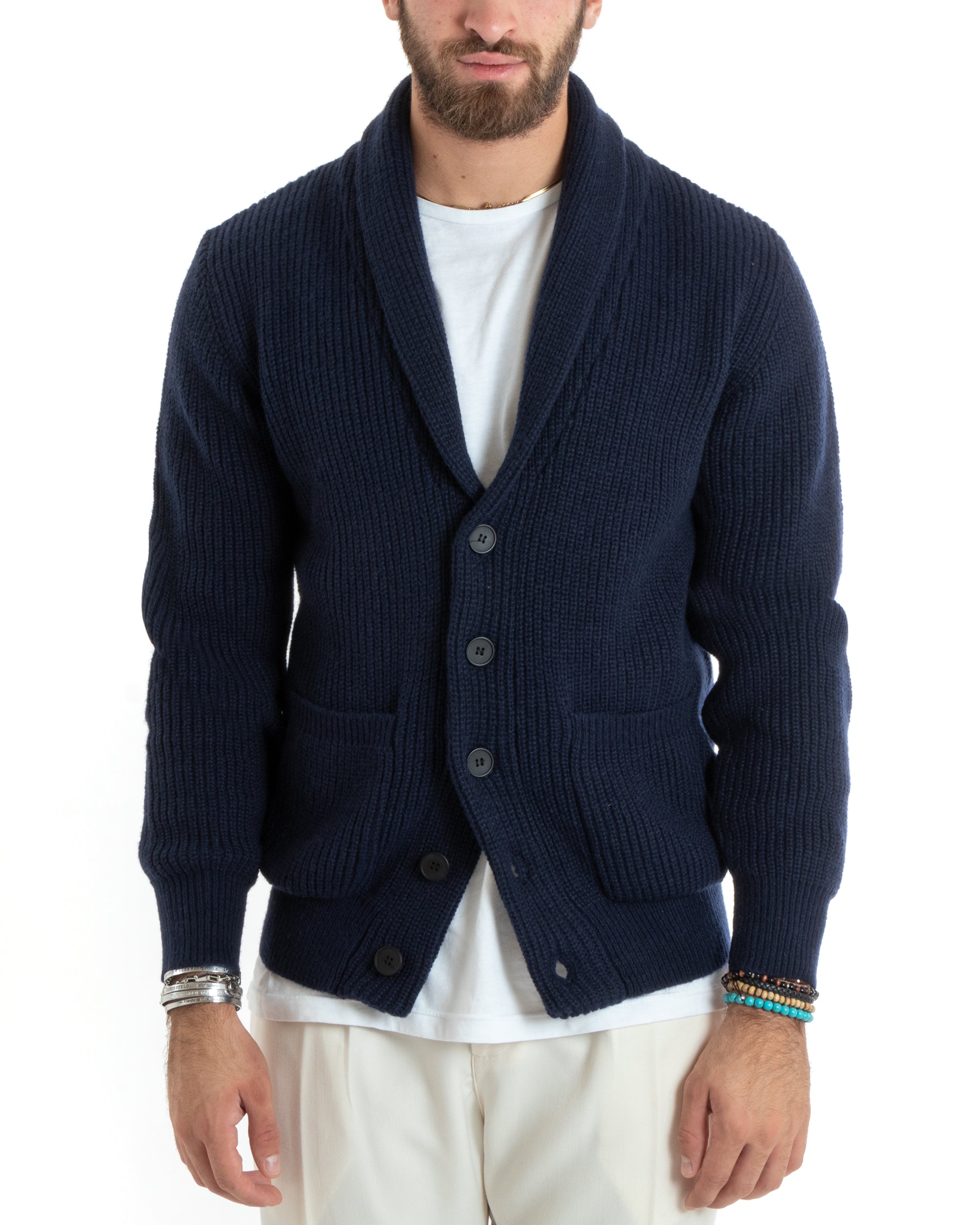 Cardigan Uomo Giacca Con Bottoni Maglia Con Tasche A Toppa Maglioncino Collo A Scialle Casual Blu GIOSAL-M2736A