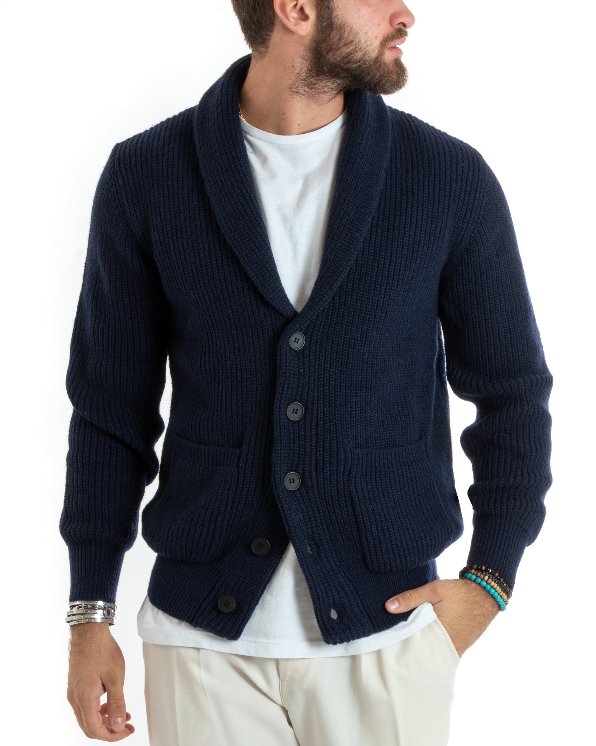 Cardigan Uomo Giacca Con Bottoni Maglia Con Tasche A Toppa Maglioncino Collo A Scialle Casual Blu GIOSAL-M2736A