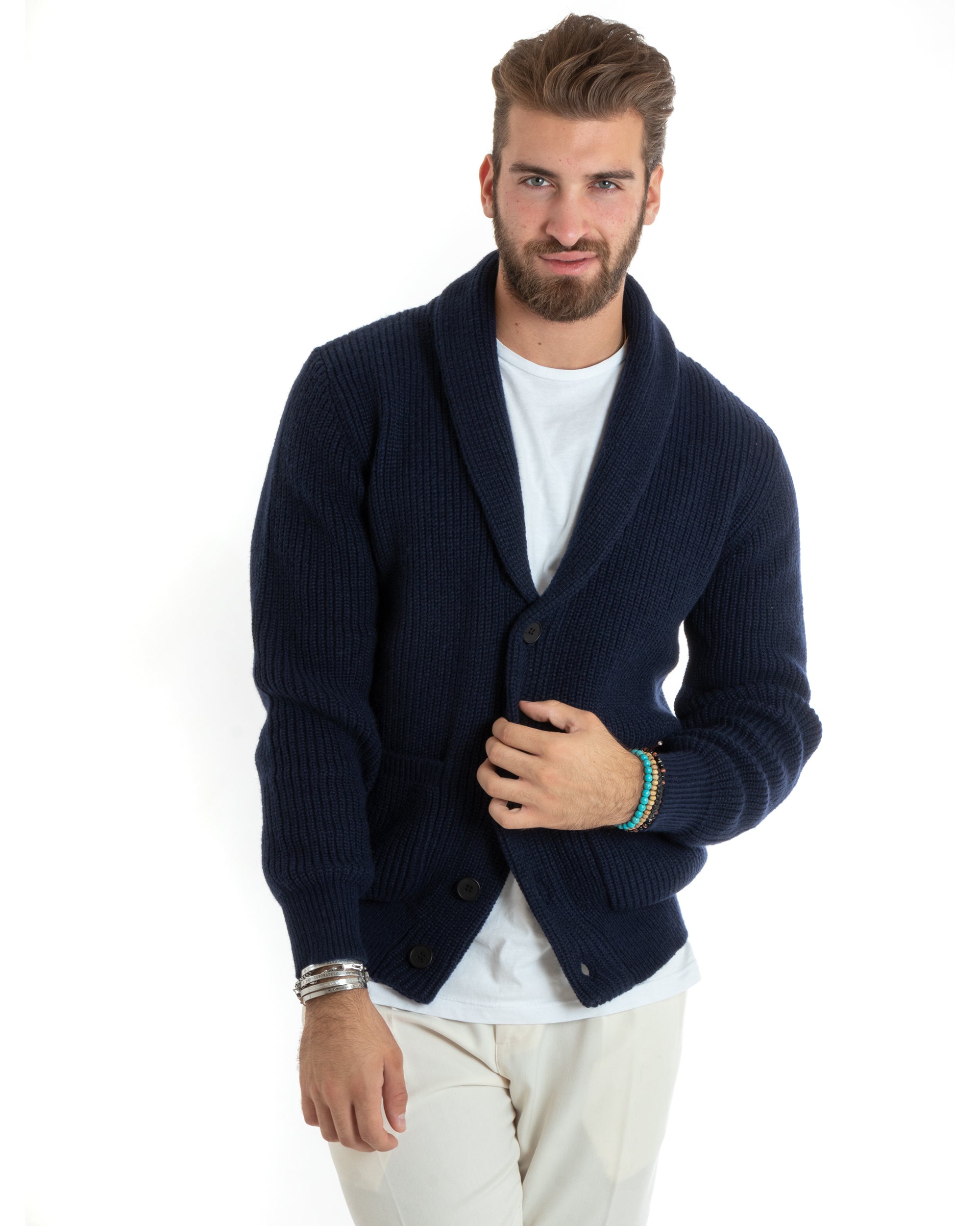 Cardigan Uomo Giacca Con Bottoni Maglia Con Tasche A Toppa Maglioncino Collo A Scialle Casual Blu GIOSAL-M2736A