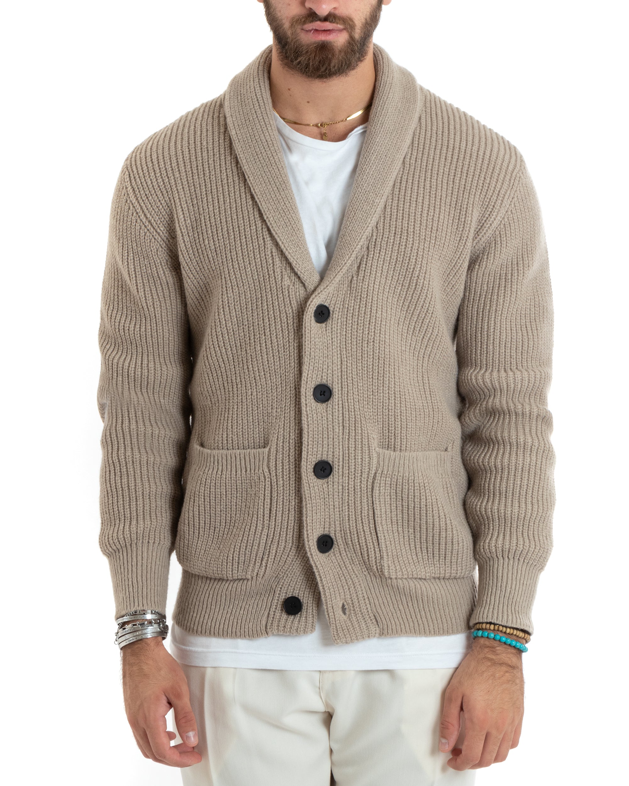 Cardigan Uomo Giacca Con Bottoni Maglia Con Tasche A Toppa Maglioncino Collo A Scialle Casual Sabbia GIOSAL-M2737A