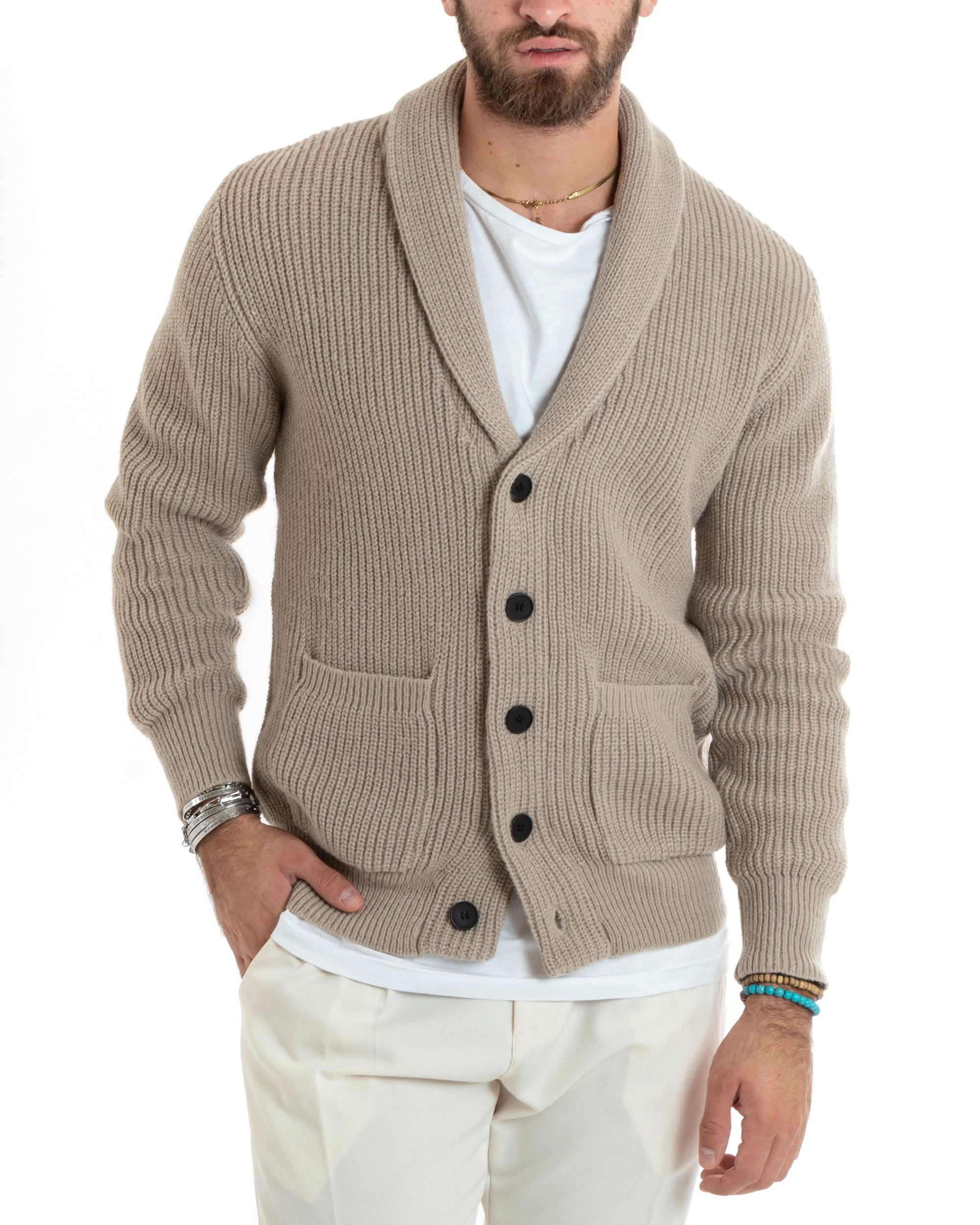 Cardigan Uomo Giacca Con Bottoni Maglia Con Tasche A Toppa Maglioncino Collo A Scialle Casual Sabbia GIOSAL-M2737A