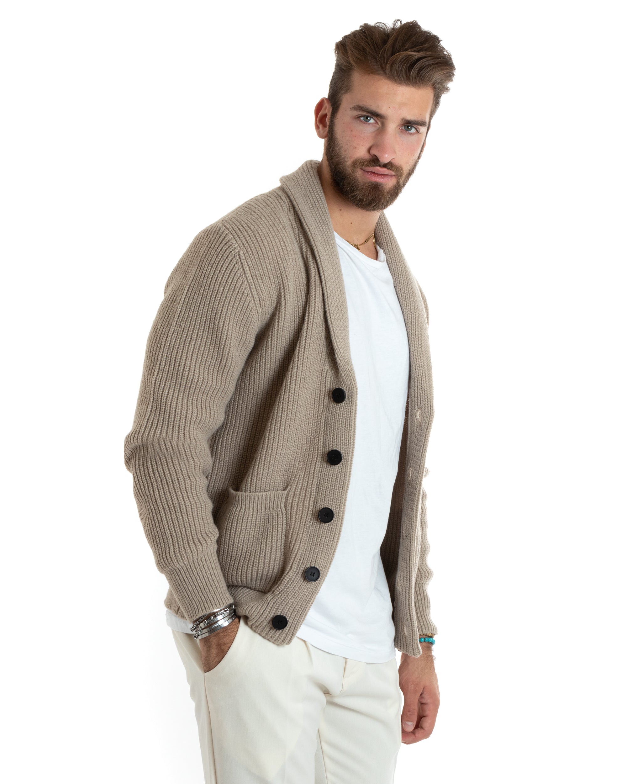 Cardigan Uomo Giacca Con Bottoni Maglia Con Tasche A Toppa Maglioncino Collo A Scialle Casual Sabbia GIOSAL-M2737A