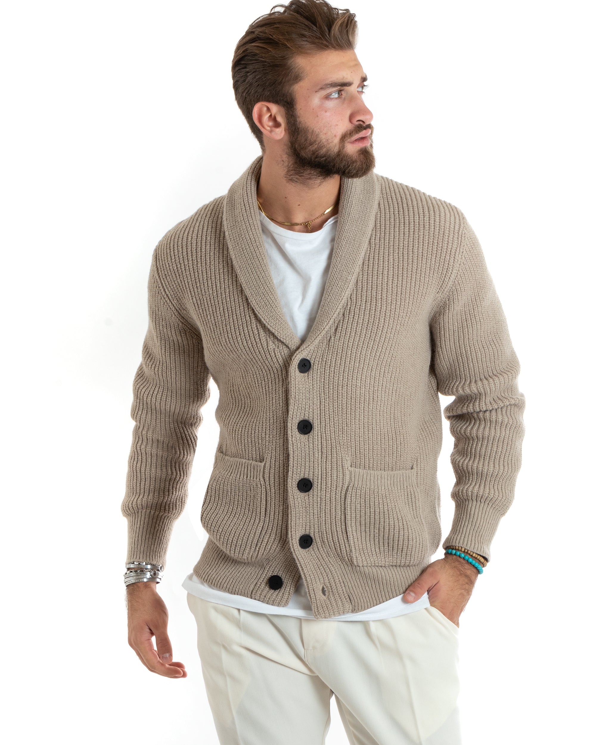 Cardigan Uomo Giacca Con Bottoni Maglia Con Tasche A Toppa Maglioncino Collo A Scialle Casual Sabbia GIOSAL-M2737A