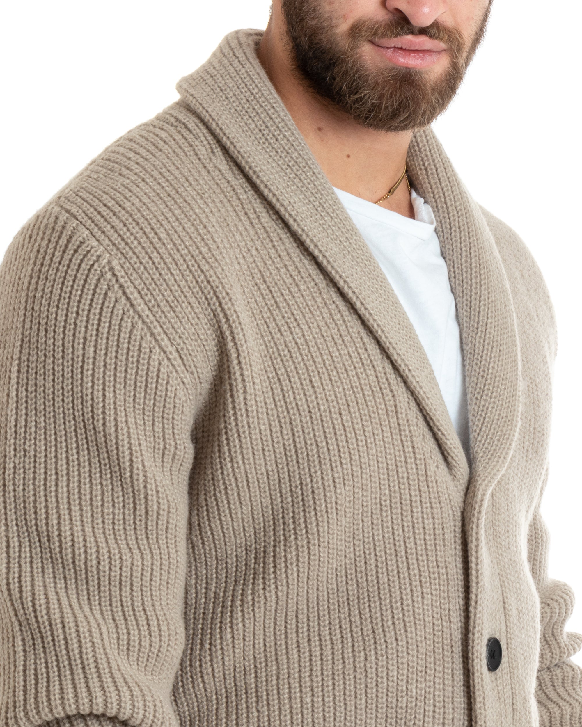 Cardigan Uomo Giacca Con Bottoni Maglia Con Tasche A Toppa Maglioncino Collo A Scialle Casual Sabbia GIOSAL-M2737A