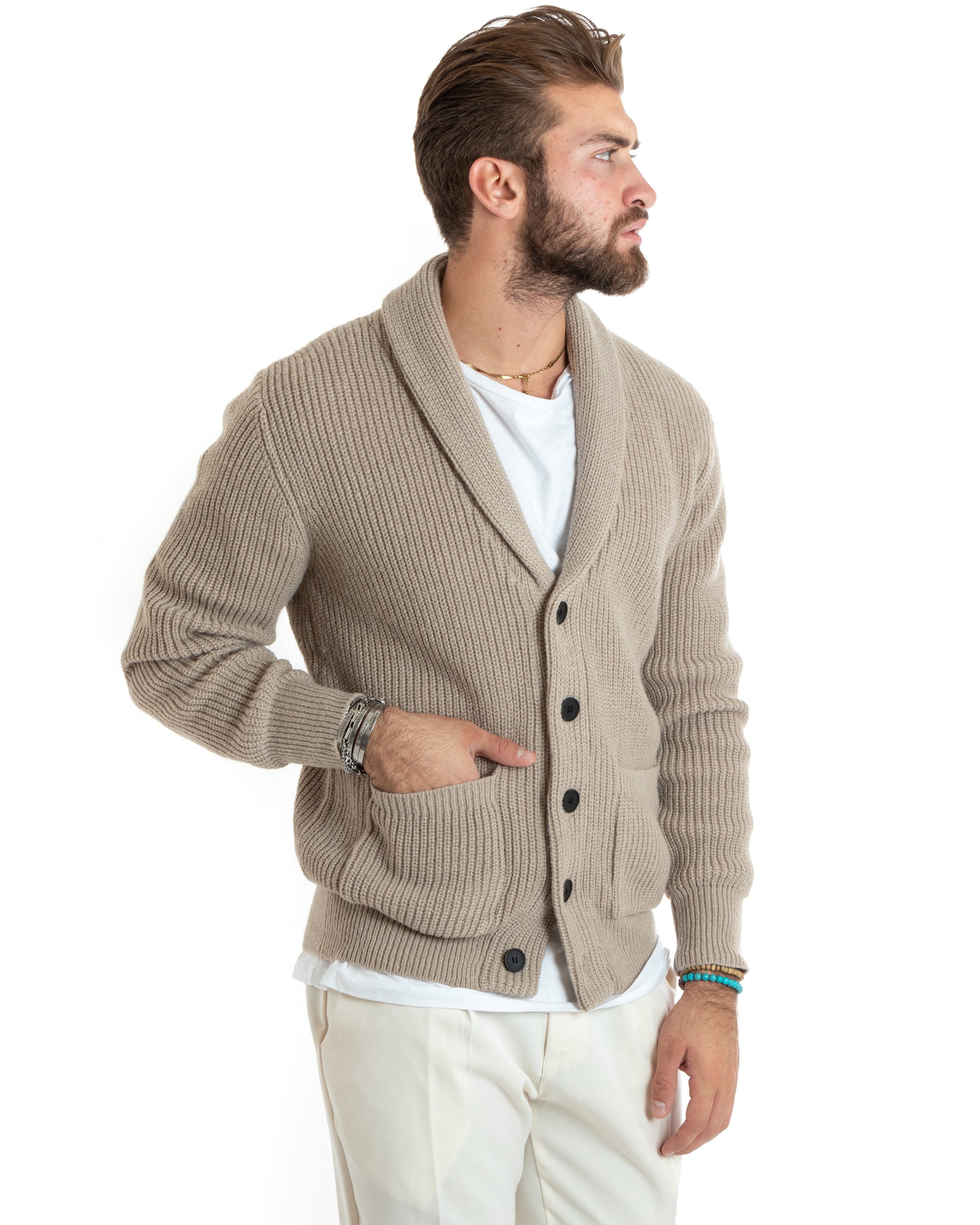 Cardigan Uomo Giacca Con Bottoni Maglia Con Tasche A Toppa Maglioncino Collo A Scialle Casual Sabbia GIOSAL-M2737A