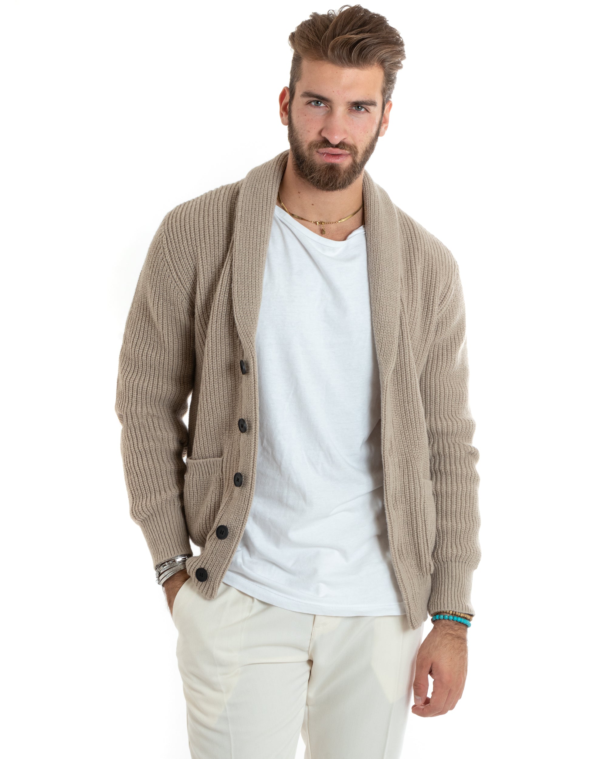 Cardigan Uomo Giacca Con Bottoni Maglia Con Tasche A Toppa Maglioncino Collo A Scialle Casual Sabbia GIOSAL-M2737A
