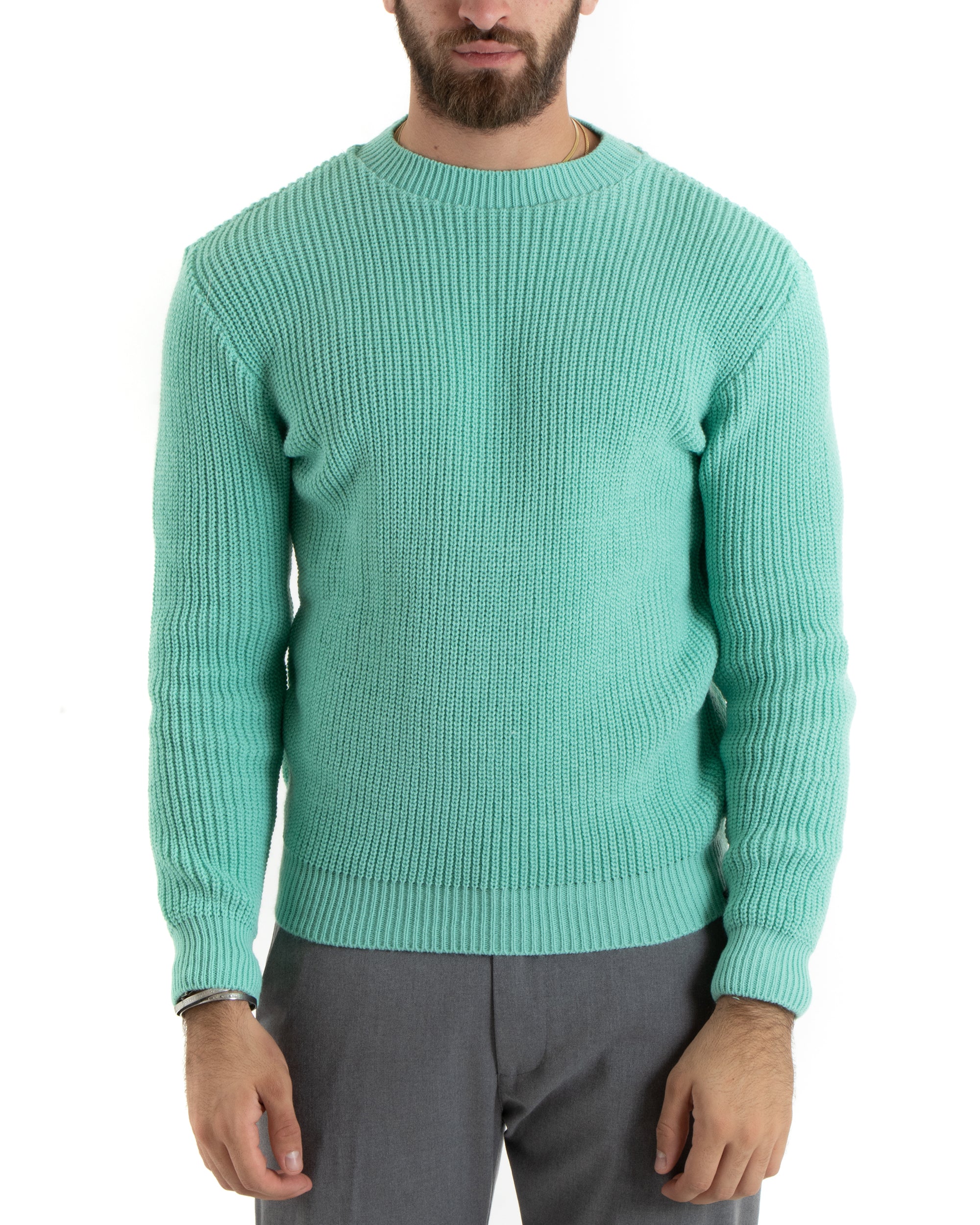 Maglioncino Uomo Girocollo Tinta Unita Verde Acqua Maglia Inglese Basic GIOSAL-M2748A