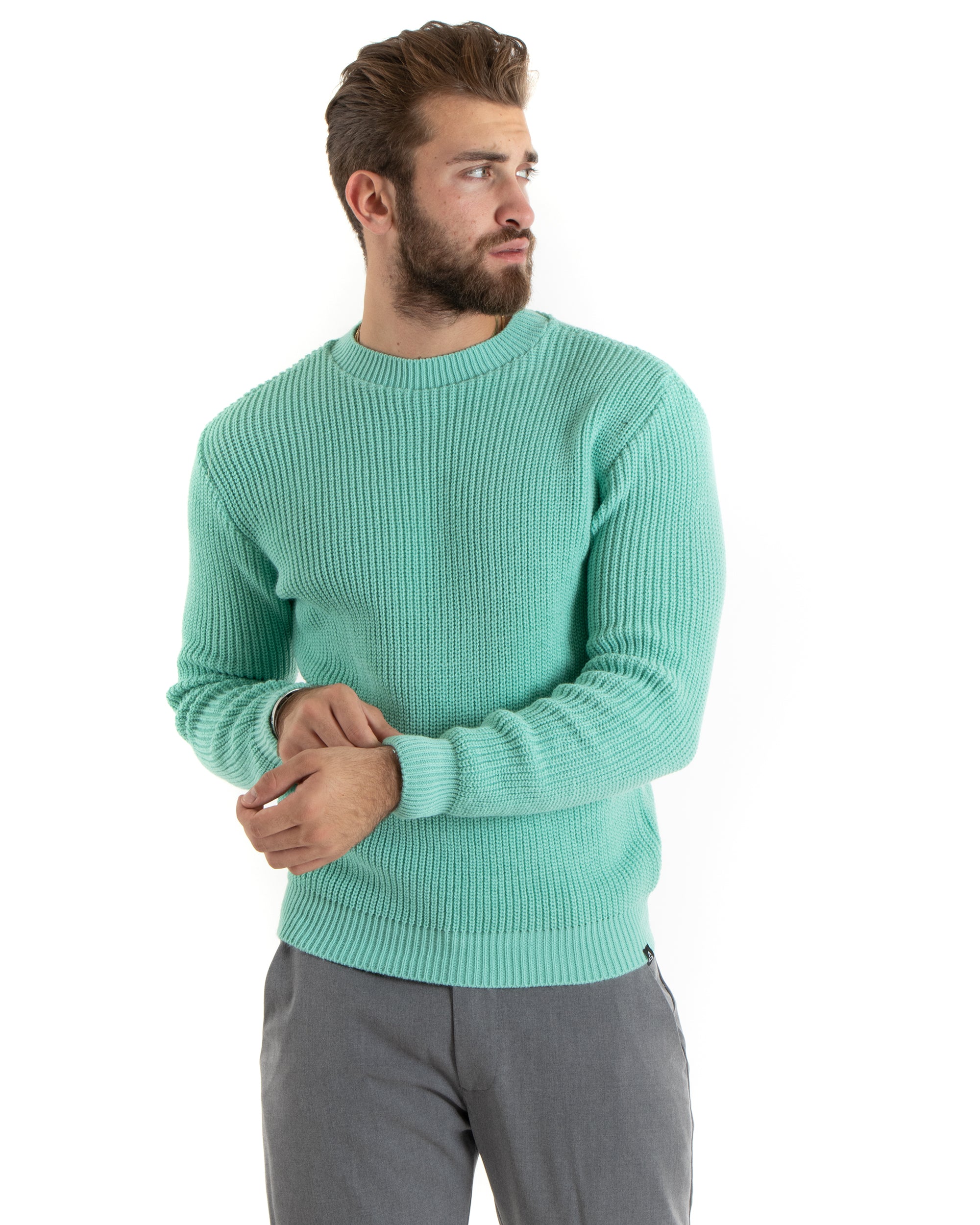 Maglioncino Uomo Girocollo Tinta Unita Verde Acqua Maglia Inglese Basic GIOSAL-M2748A