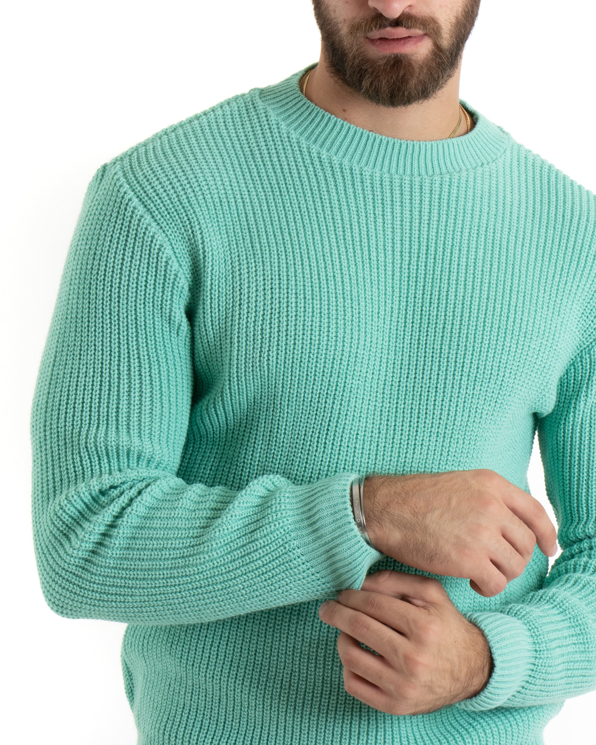 Maglioncino Uomo Girocollo Tinta Unita Verde Acqua Maglia Inglese Basic GIOSAL-M2748A