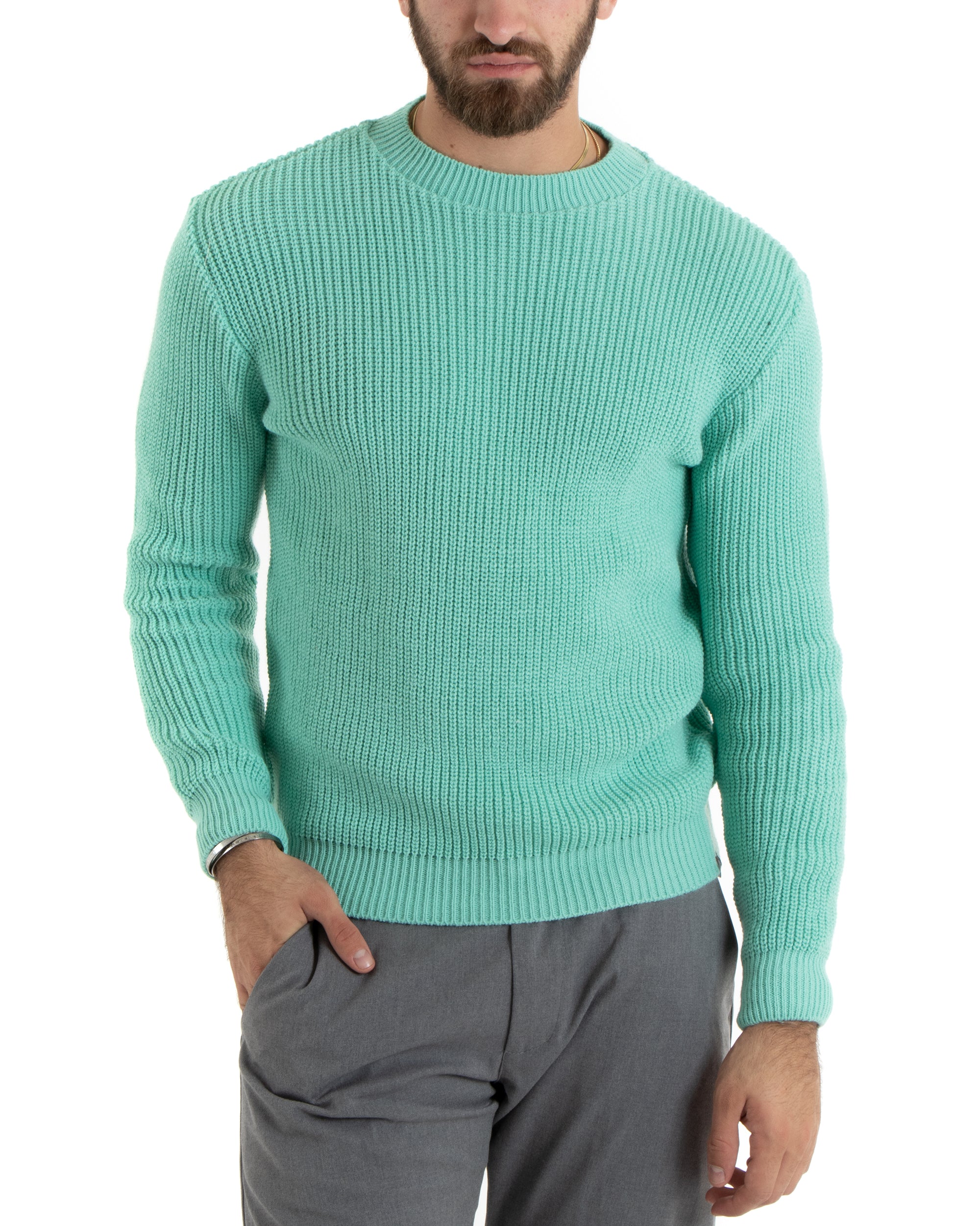 Maglioncino Uomo Girocollo Tinta Unita Verde Acqua Maglia Inglese Basic GIOSAL-M2748A