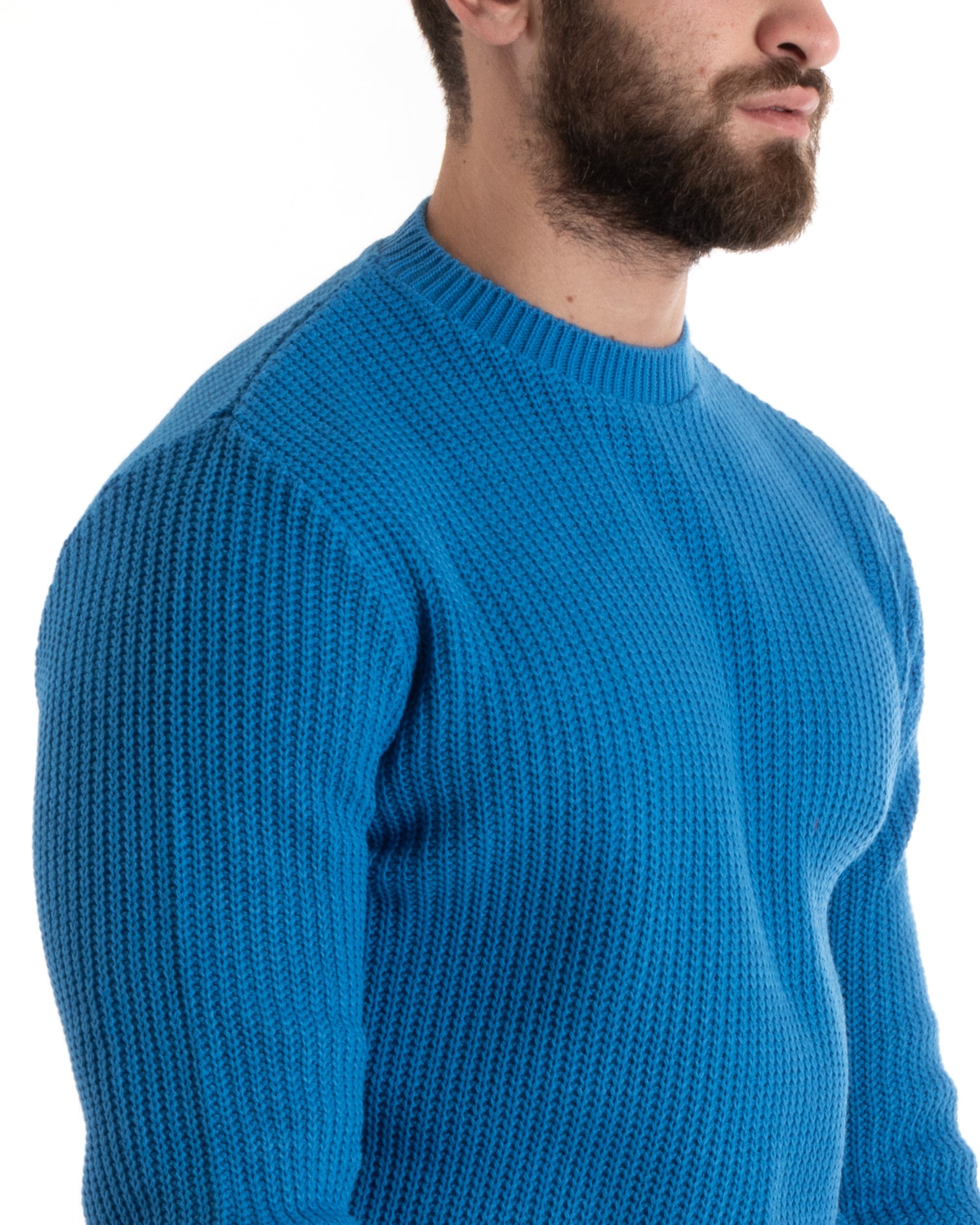 Maglioncino Uomo Girocollo Tinta Unita Azzurro Maglia Inglese Basic GIOSAL-M2759A