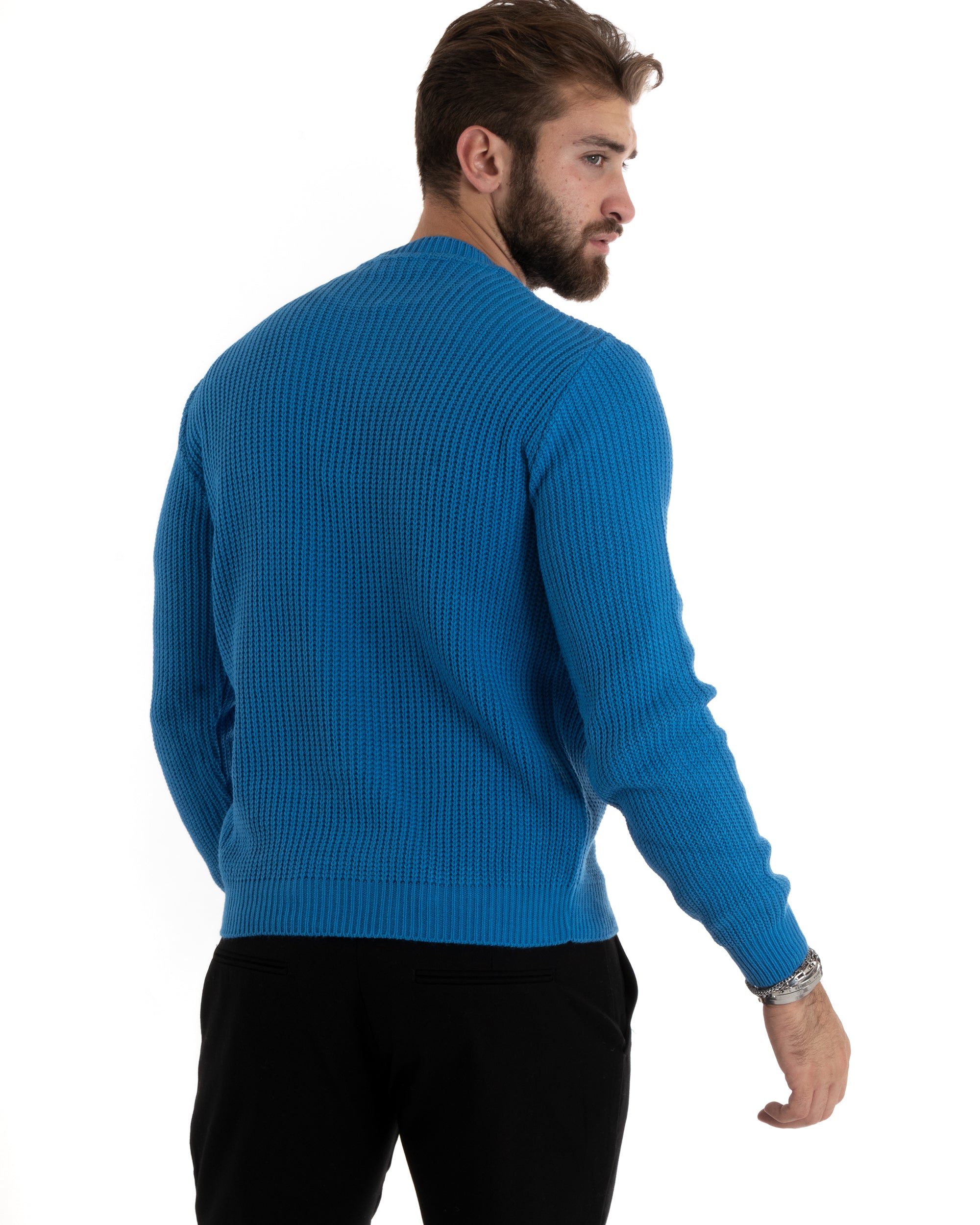 Maglioncino Uomo Girocollo Tinta Unita Azzurro Maglia Inglese Basic GIOSAL-M2759A