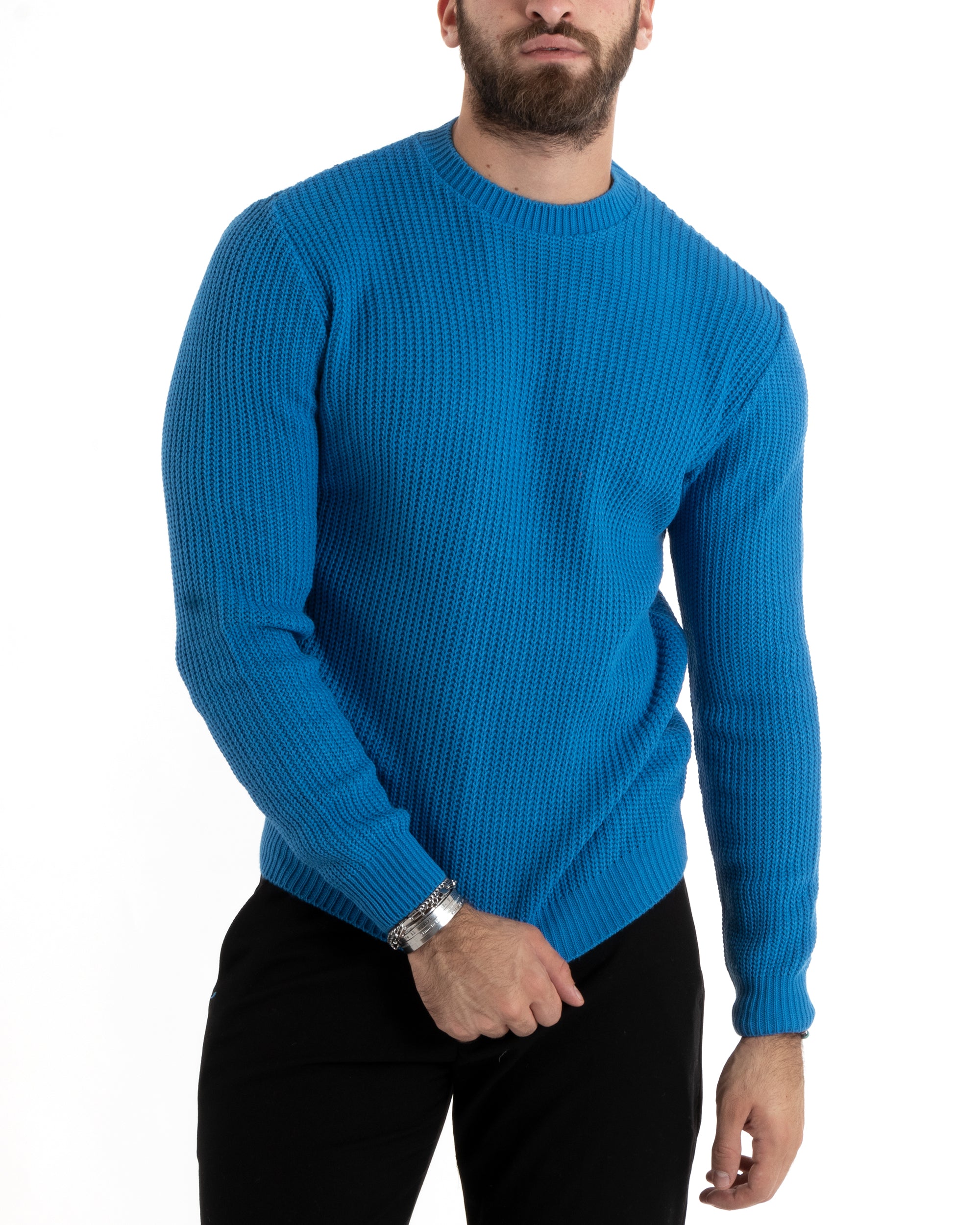 Maglioncino Uomo Girocollo Tinta Unita Azzurro Maglia Inglese Basic GIOSAL-M2759A
