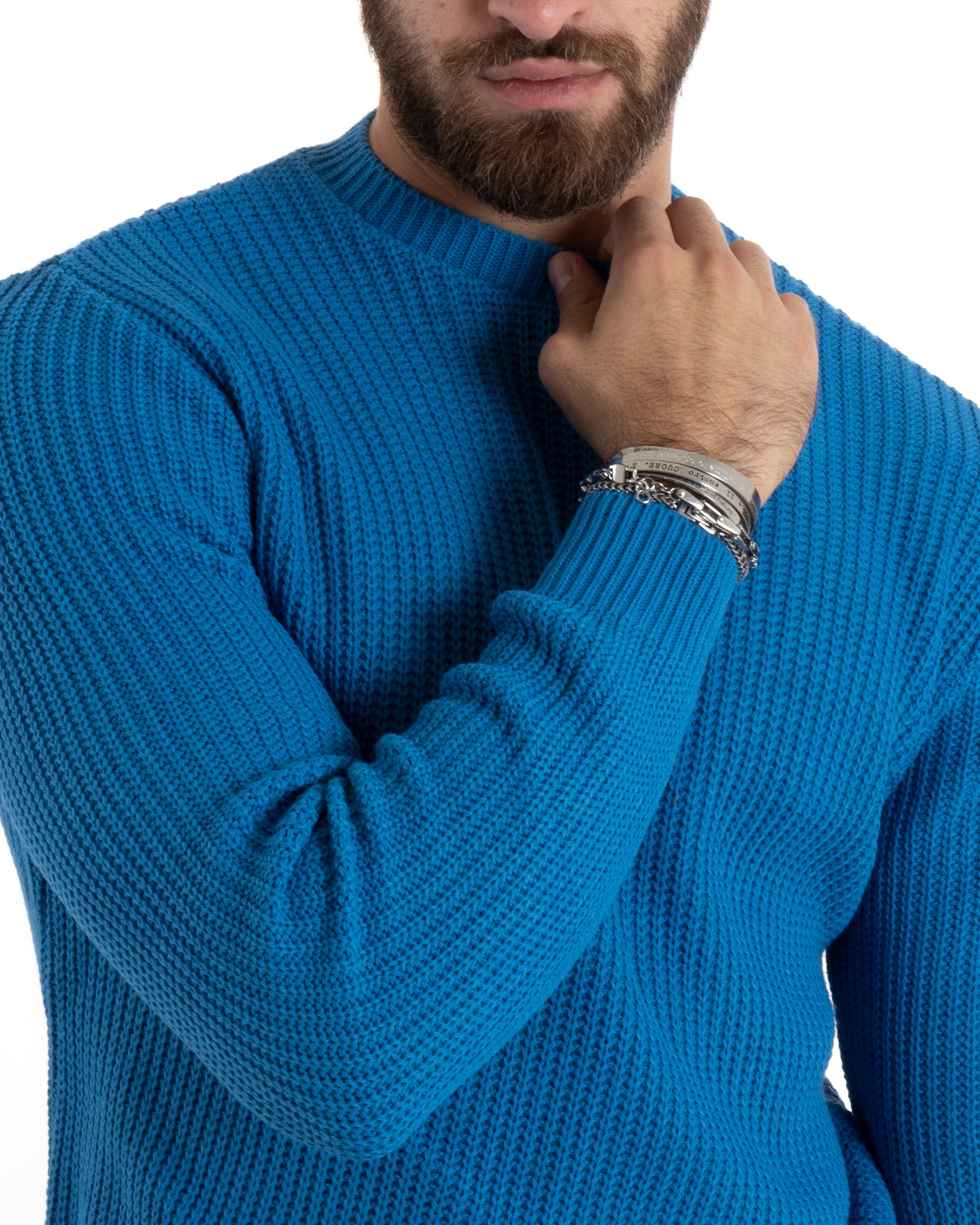 Maglioncino Uomo Girocollo Tinta Unita Azzurro Maglia Inglese Basic GIOSAL-M2759A