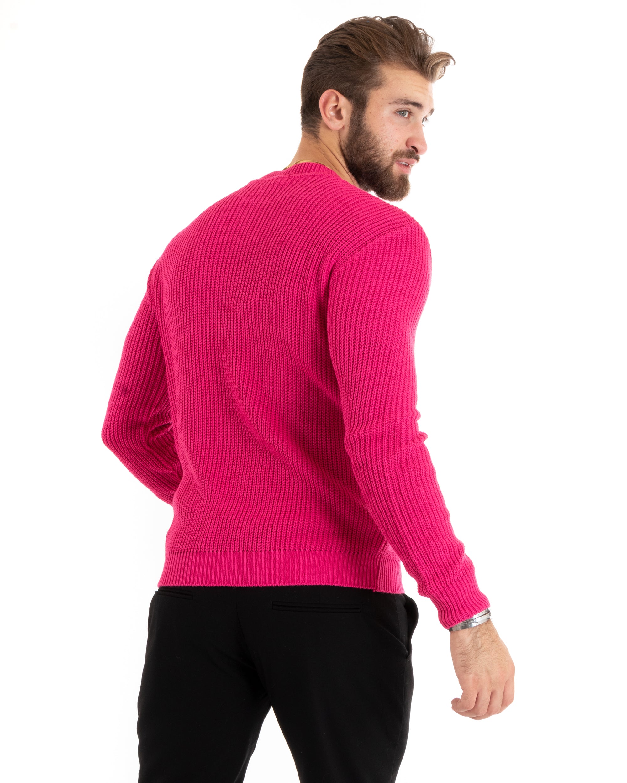 Maglioncino Uomo Girocollo Tinta Unita Fucsia Fluo Maglia Inglese Basic GIOSAL-M2761A