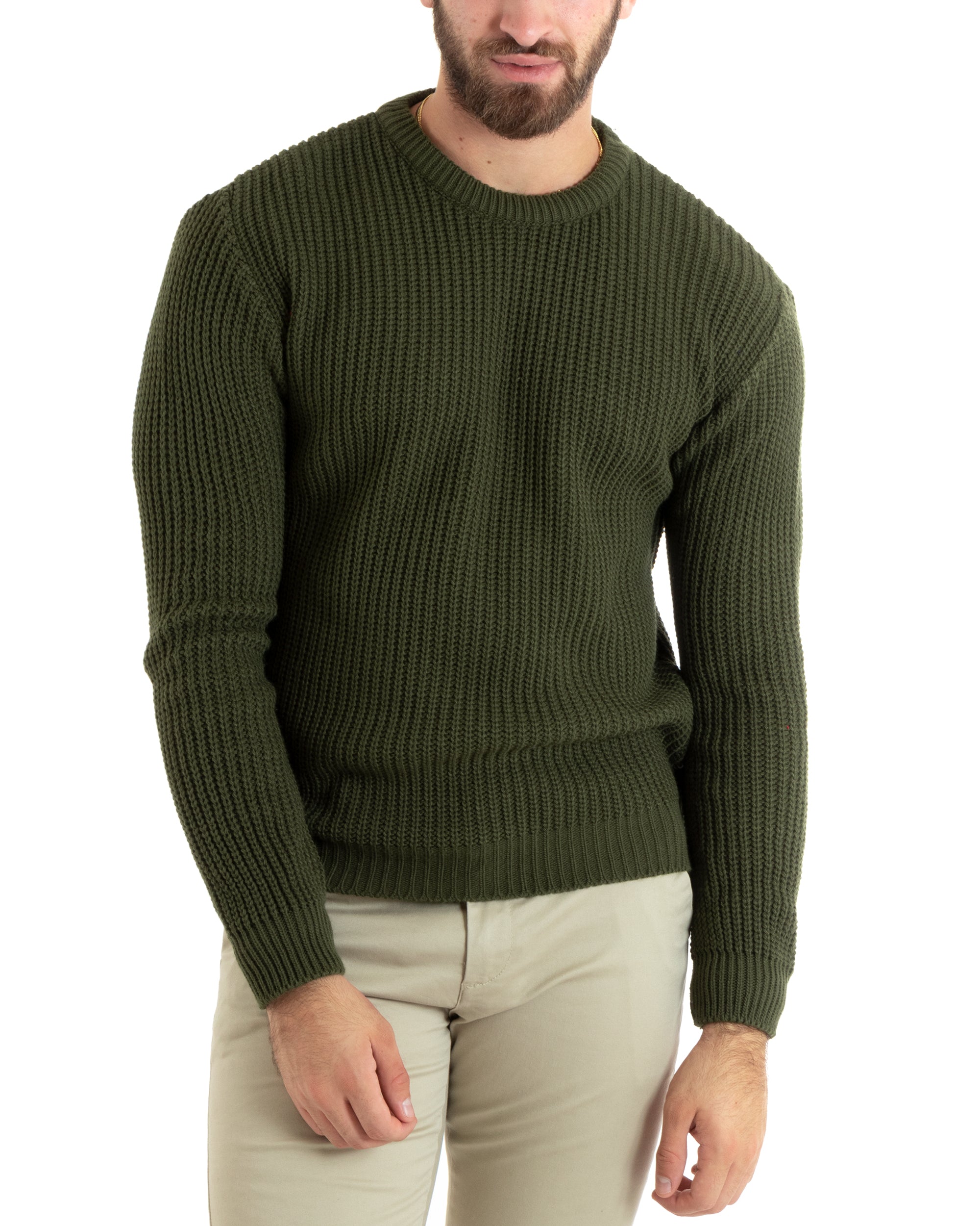 Maglioncino Uomo Girocollo Tinta Unita Verde Militare Maglia Inglese B