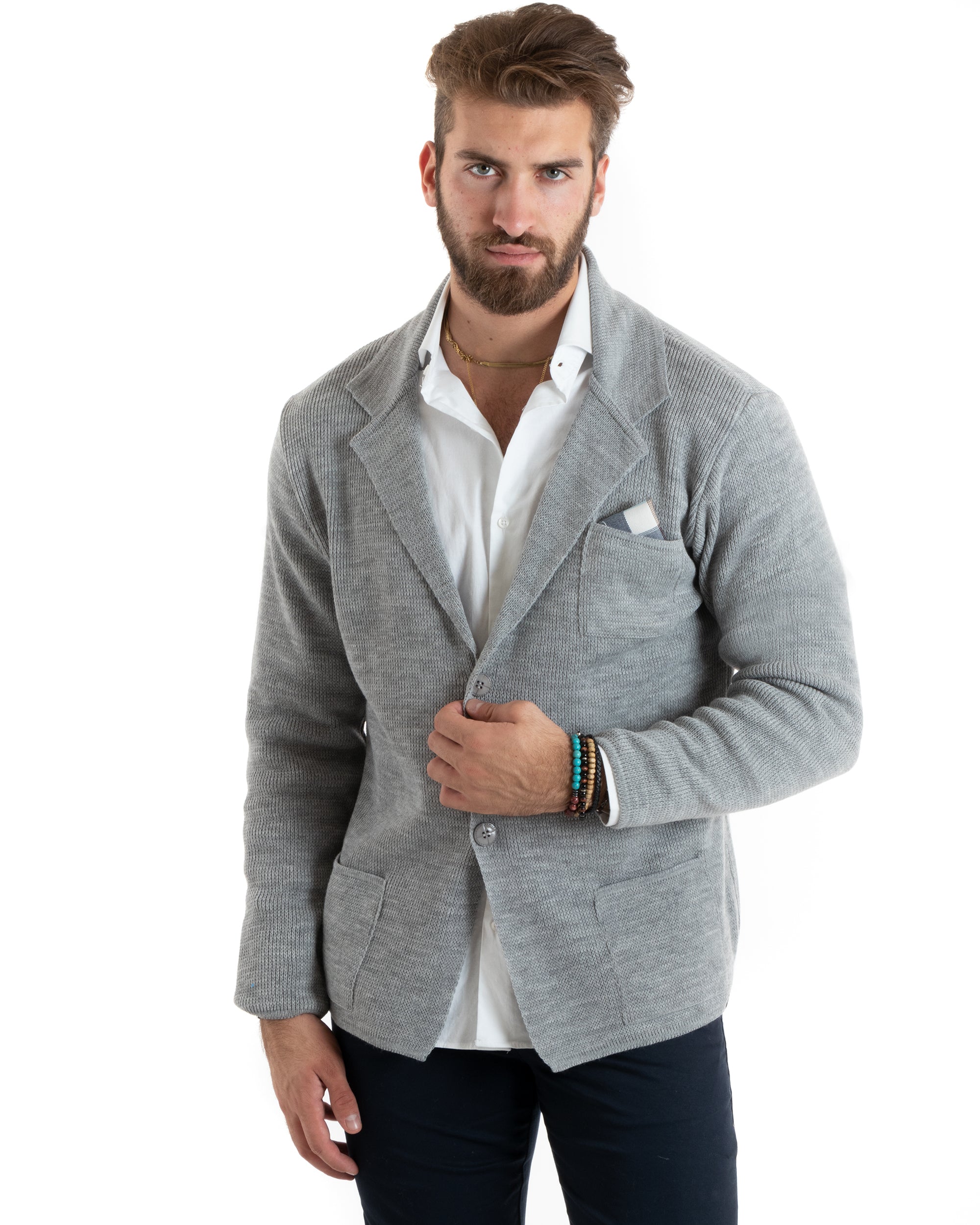 Cardigan Uomo Giacca Con Bottoni Maglia Casual Grigio M2765A