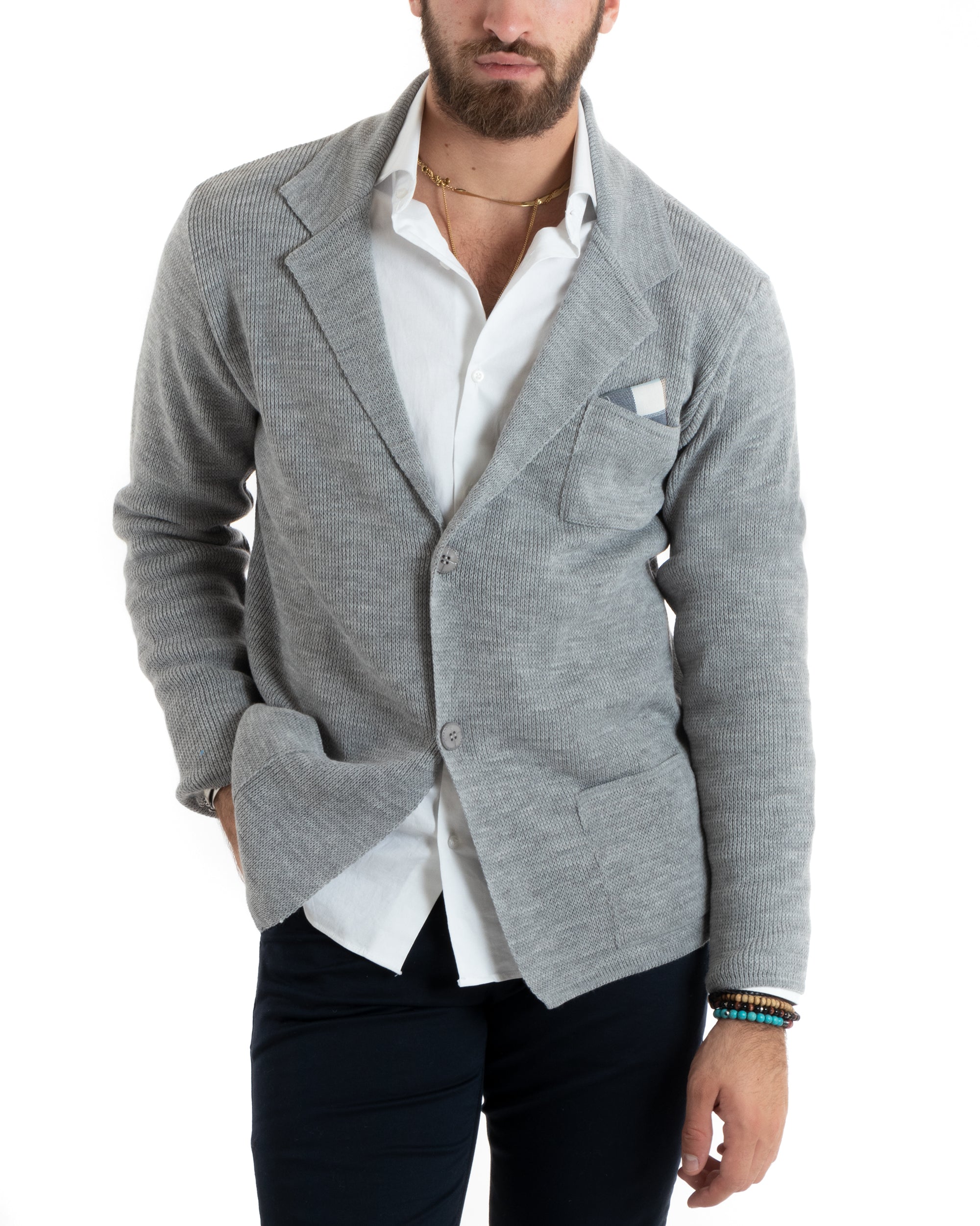 Cardigan Uomo Giacca Con Bottoni Maglia Casual Grigio M2765A