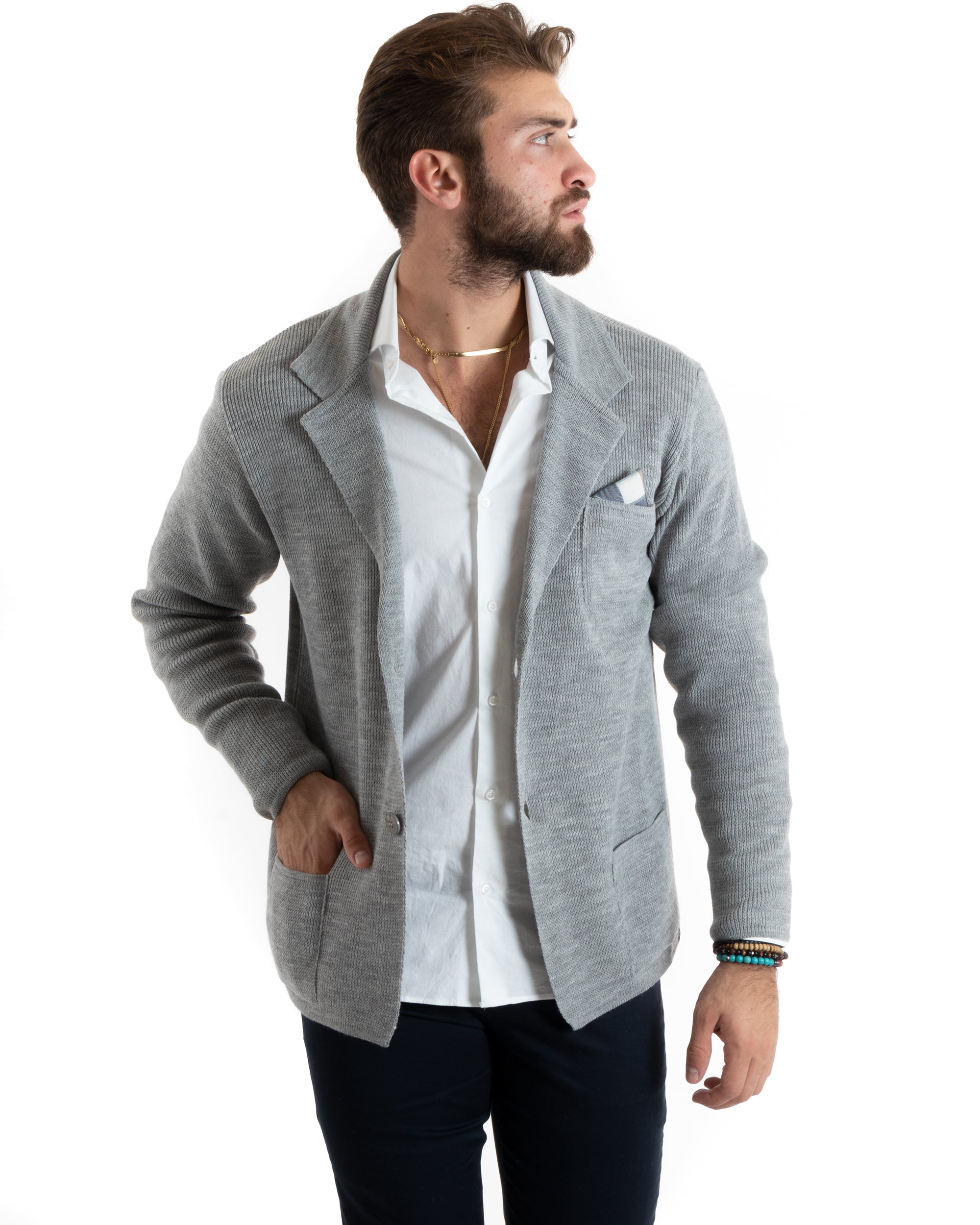 Cardigan Uomo Giacca Con Bottoni Maglia Casual Grigio M2765A