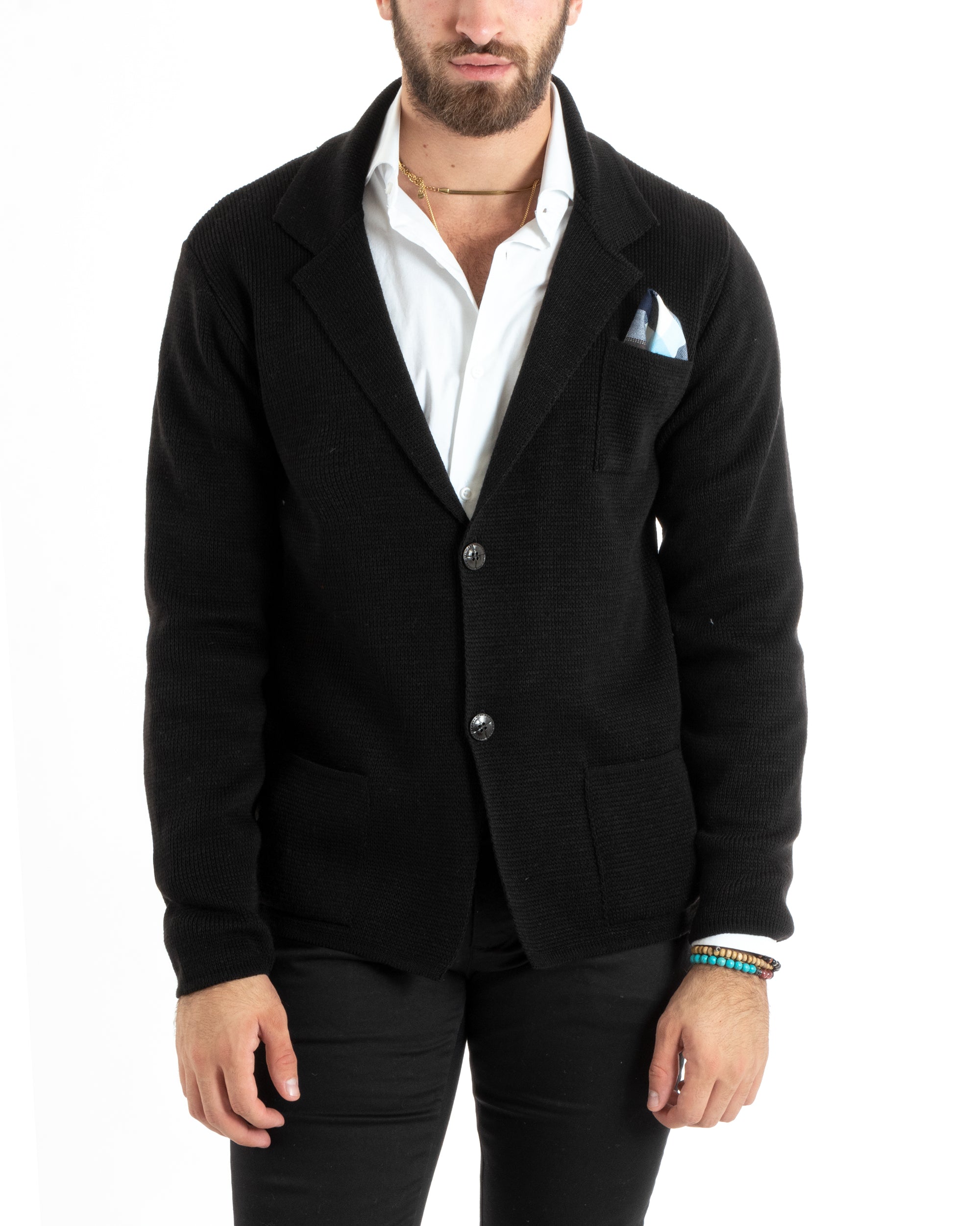 Cardigan Uomo Giacca Con Bottoni Maglia Casual Nero M2766A