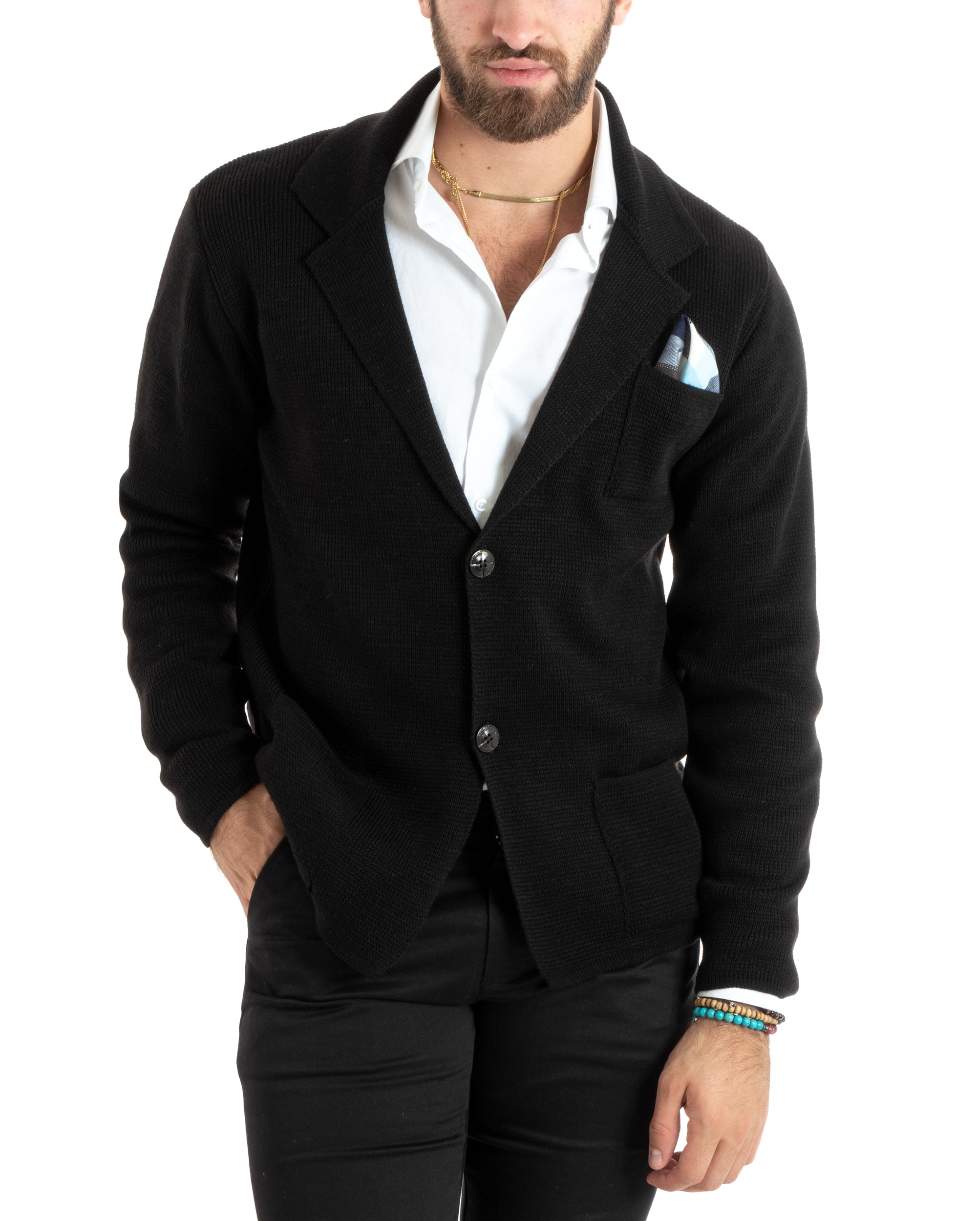 Cardigan Uomo Giacca Con Bottoni Maglia Casual Nero M2766A