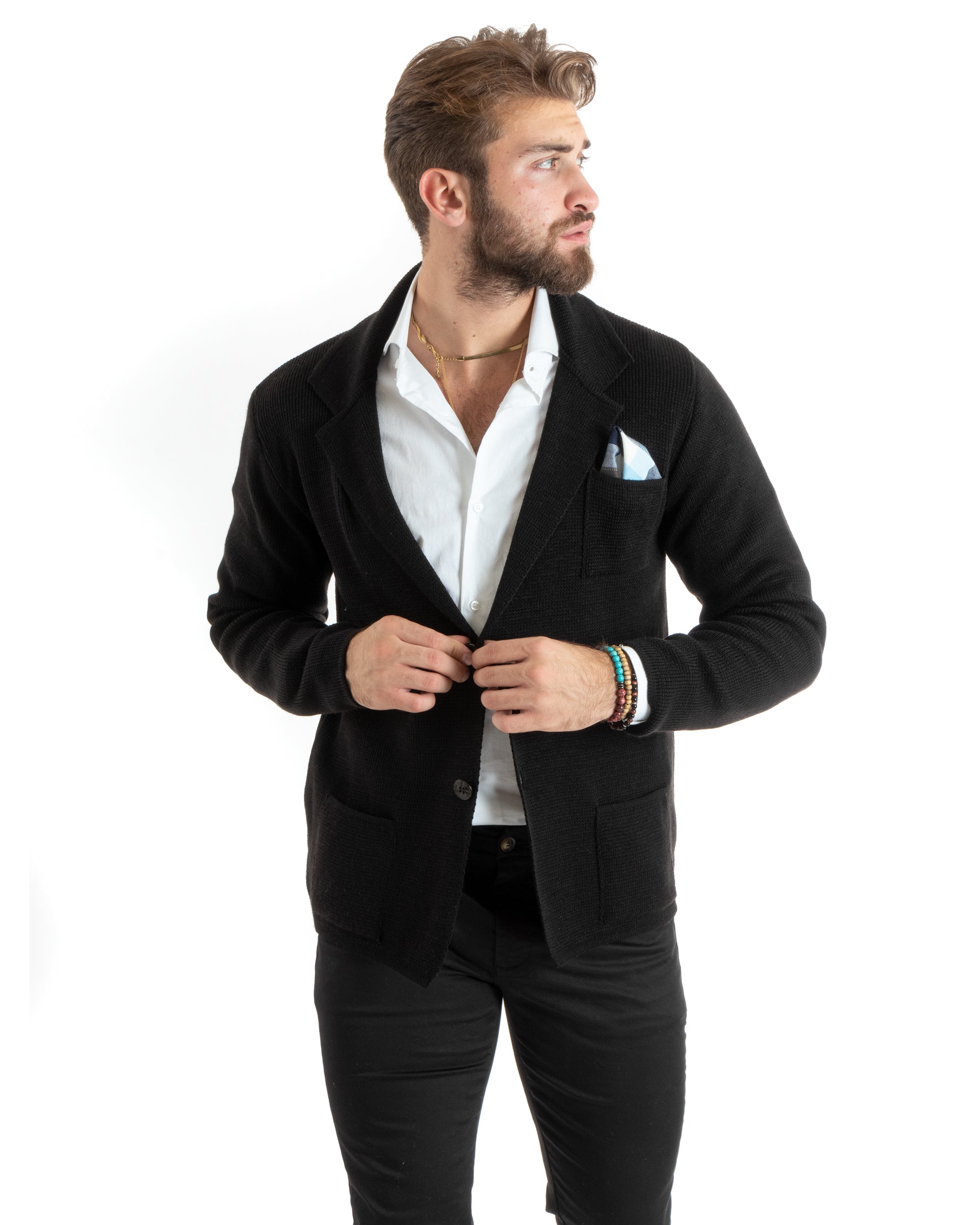 Cardigan Uomo Giacca Con Bottoni Maglia Casual Nero M2766A