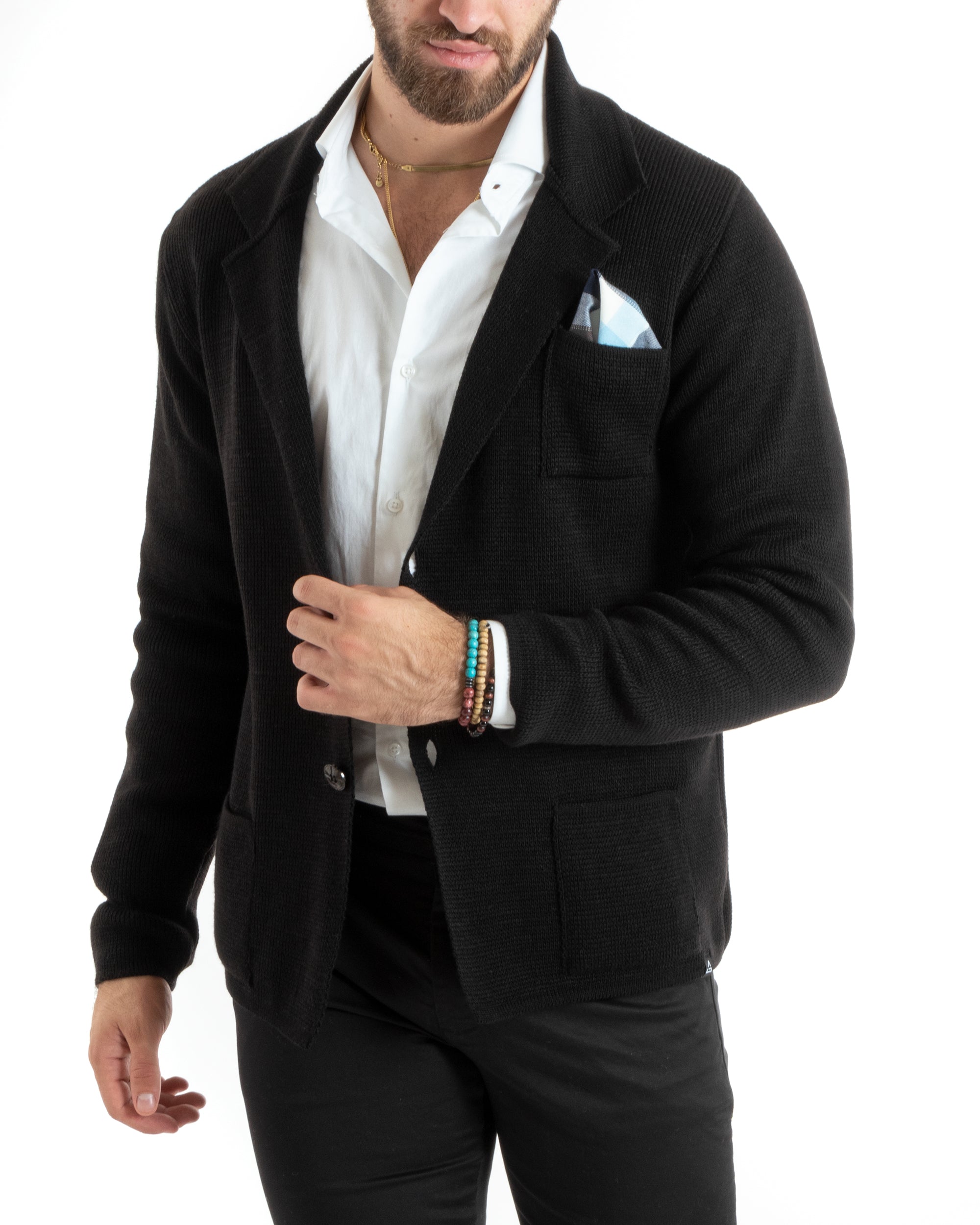 Cardigan Uomo Giacca Con Bottoni Maglia Casual Nero M2766A