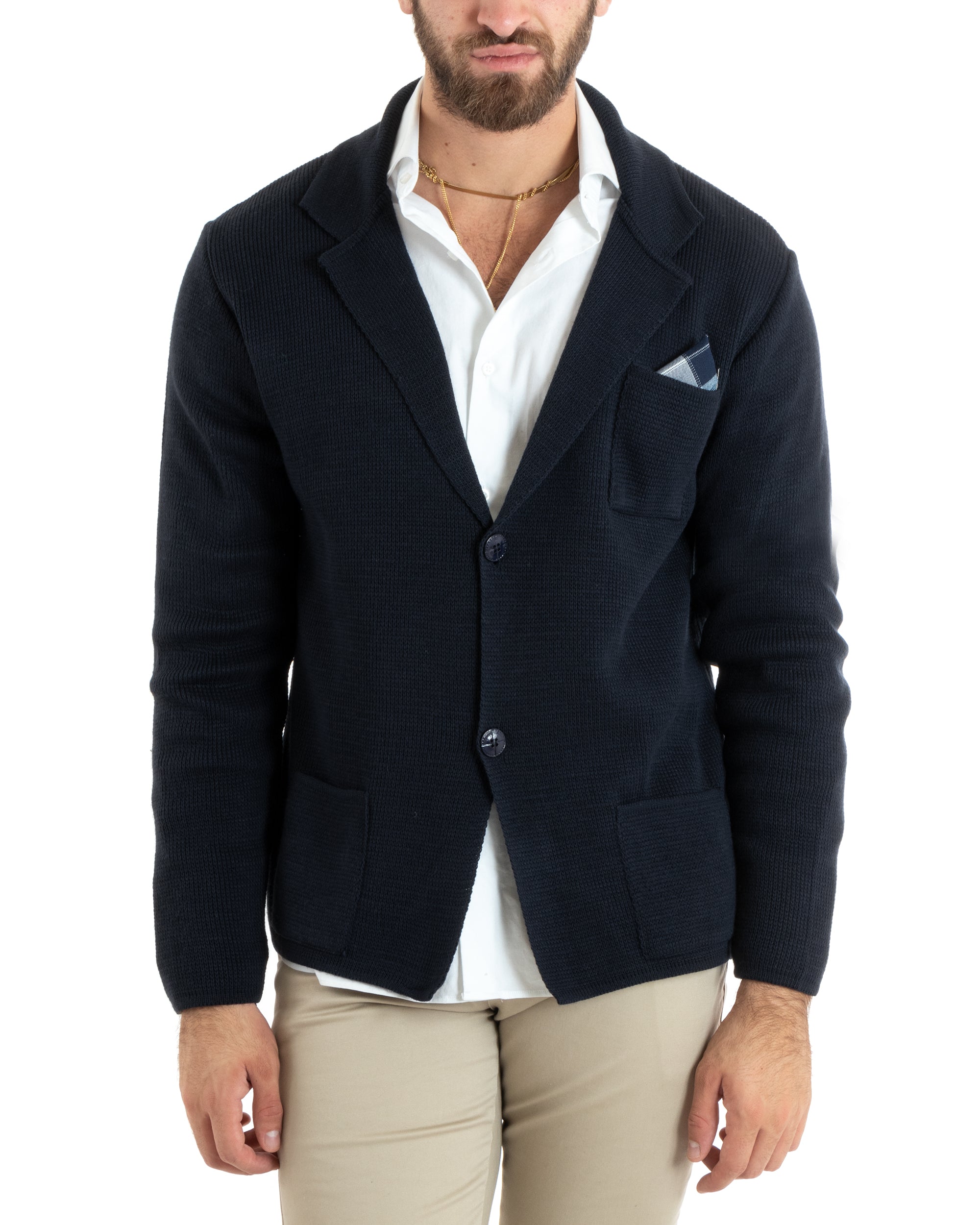 Cardigan Uomo Giacca Con Bottoni Maglia Casual Blu M2767A