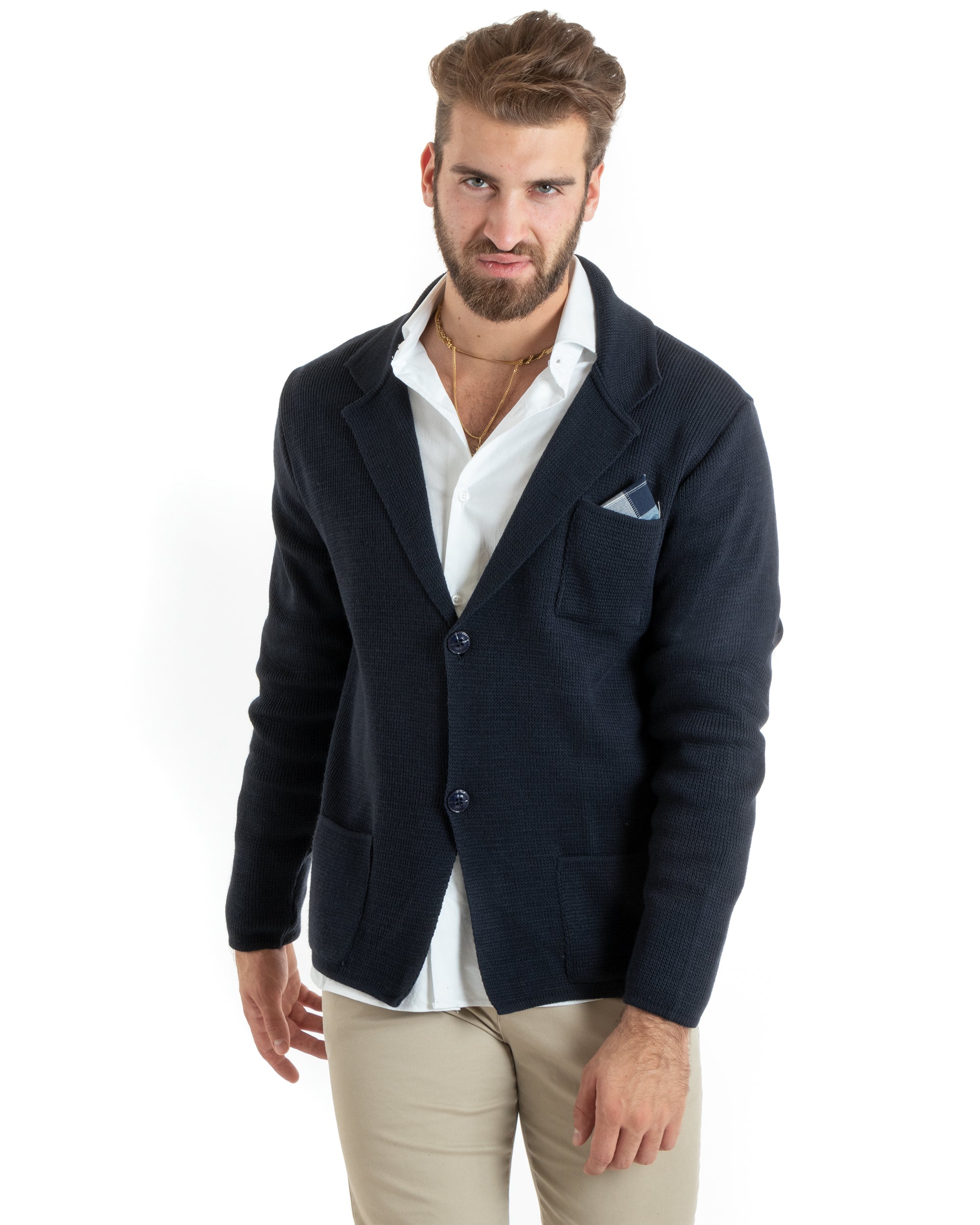 Cardigan Uomo Giacca Con Bottoni Maglia Casual Blu M2767A