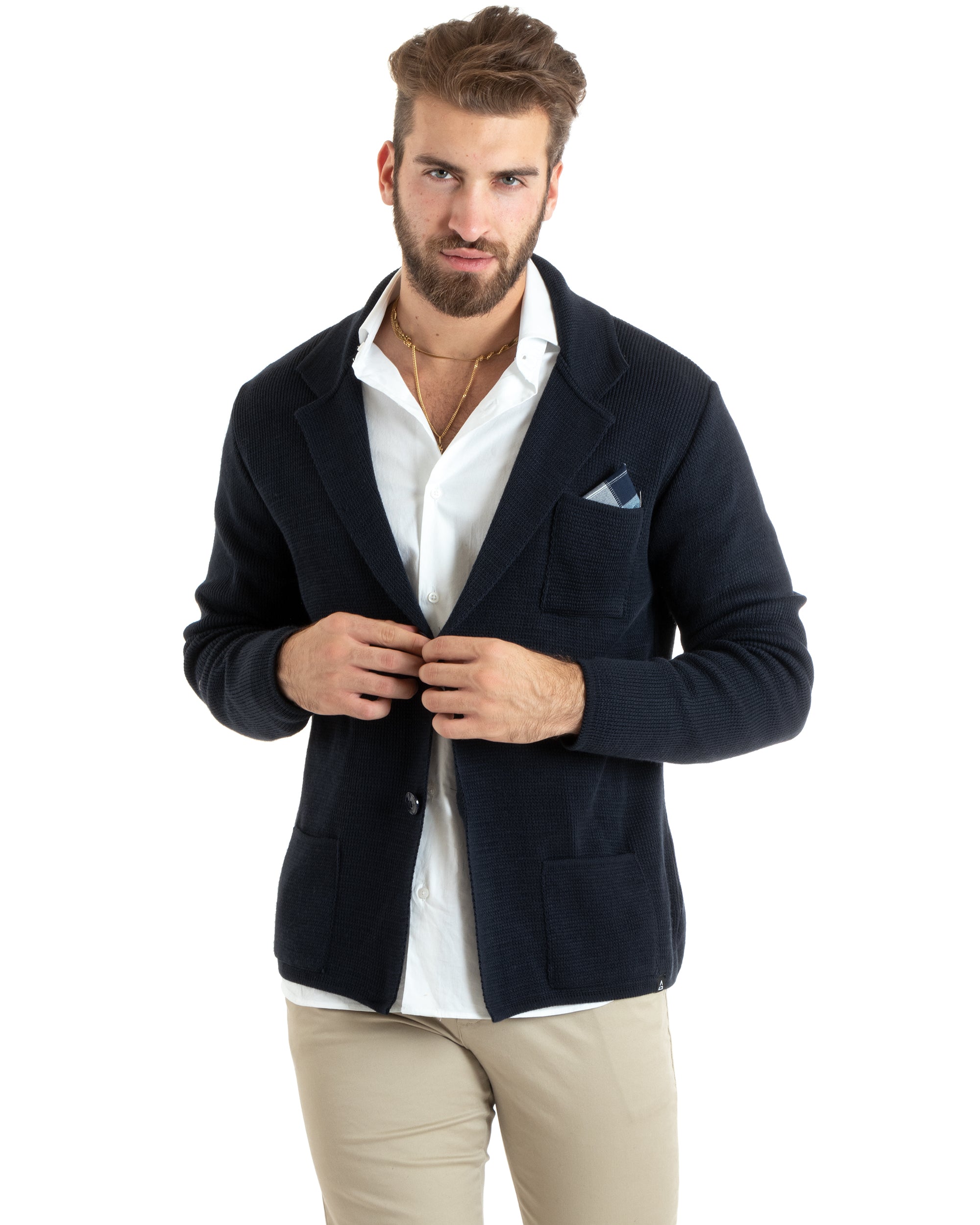 Cardigan Uomo Giacca Con Bottoni Maglia Casual Blu M2767A
