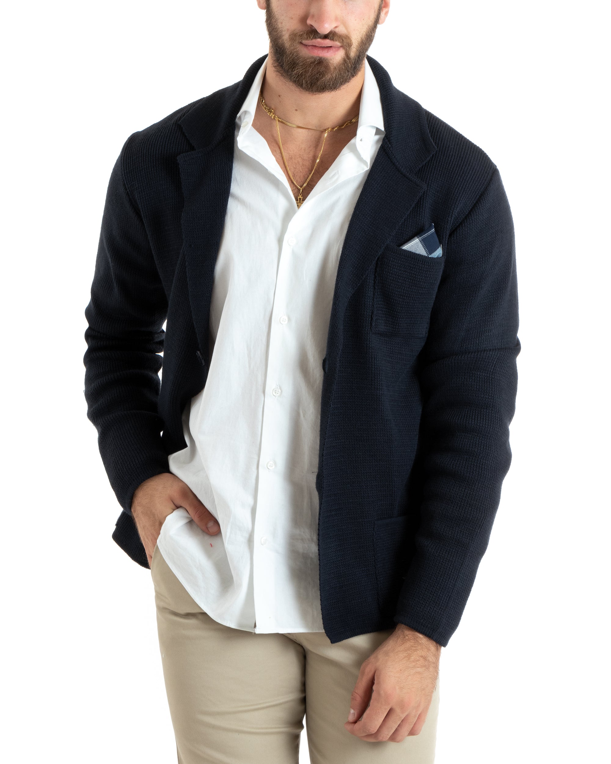 Cardigan Uomo Giacca Con Bottoni Maglia Casual Blu M2767A