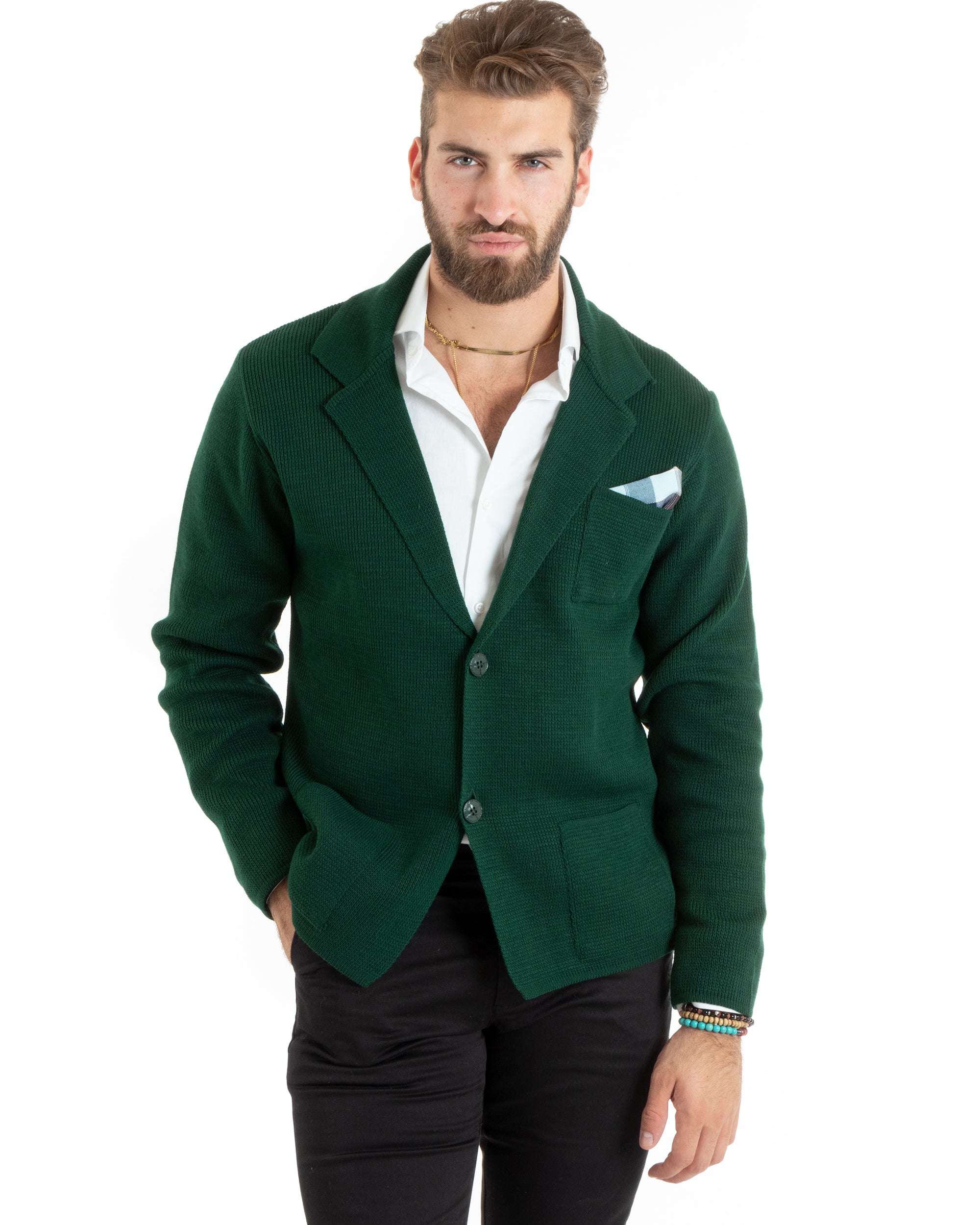 Cardigan Uomo Giacca Con Bottoni Maglia Casual Verde M2769A