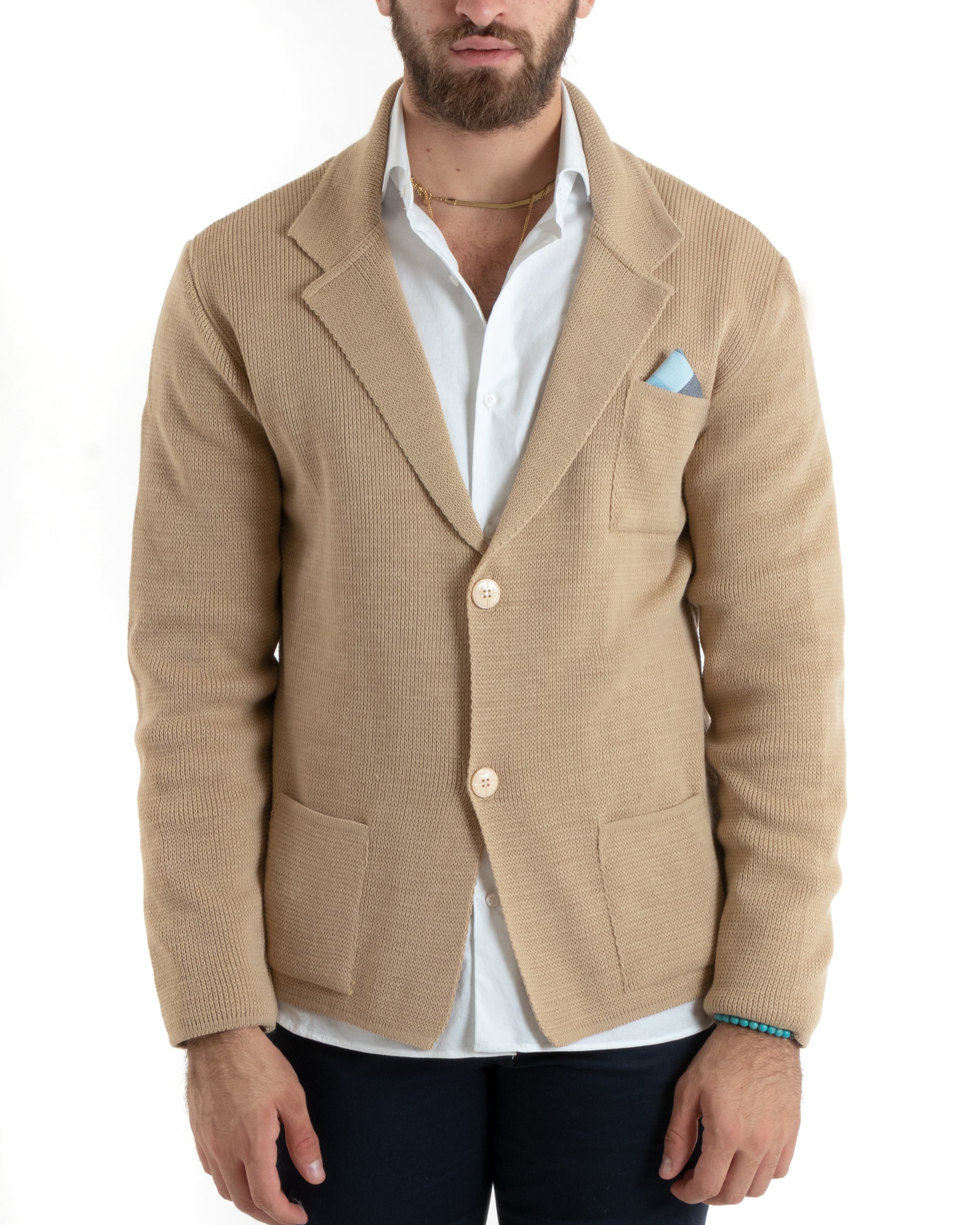 Cardigan Uomo Giacca Con Bottoni Maglia Casual Beige M2770A