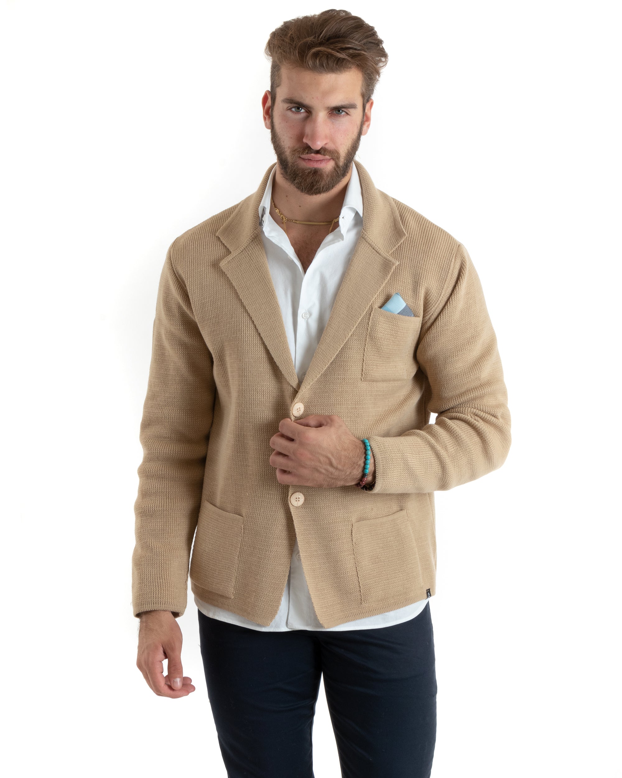 Cardigan Uomo Giacca Con Bottoni Maglia Casual Beige M2770A