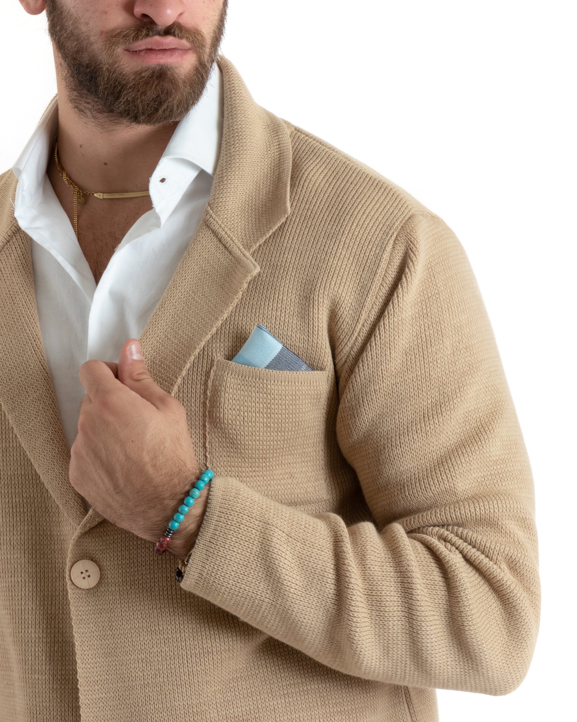 Cardigan Uomo Giacca Con Bottoni Maglia Casual Beige M2770A