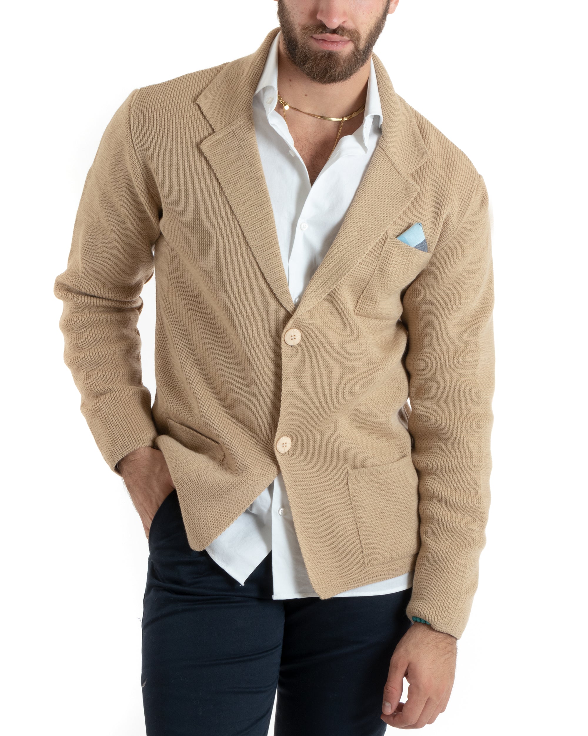Cardigan Uomo Giacca Con Bottoni Maglia Casual Beige M2770A