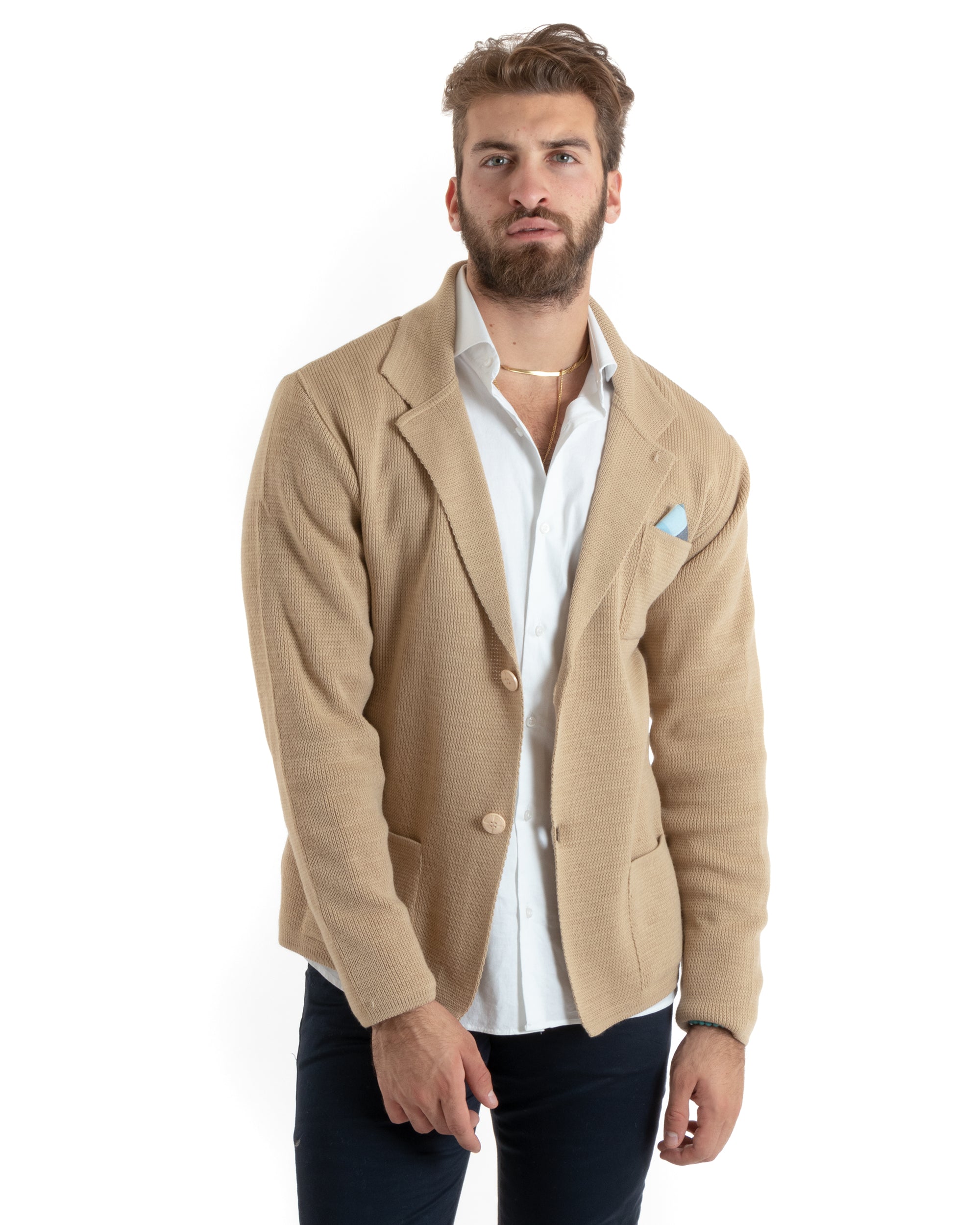 Cardigan Uomo Giacca Con Bottoni Maglia Casual Beige M2770A
