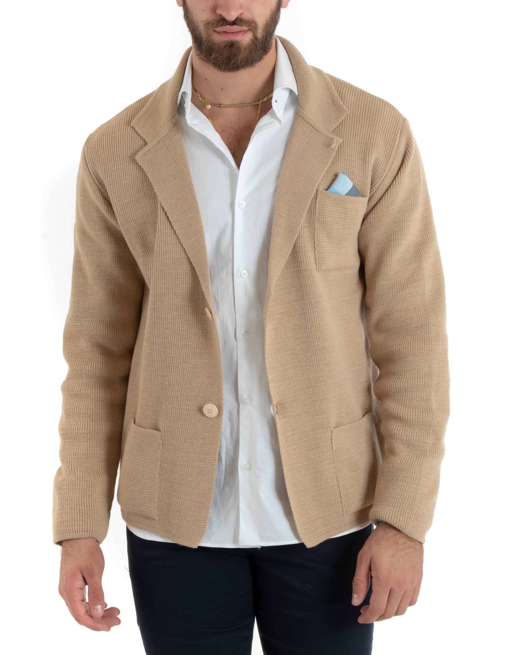Cardigan Uomo Giacca Con Bottoni Maglia Casual Beige M2770A