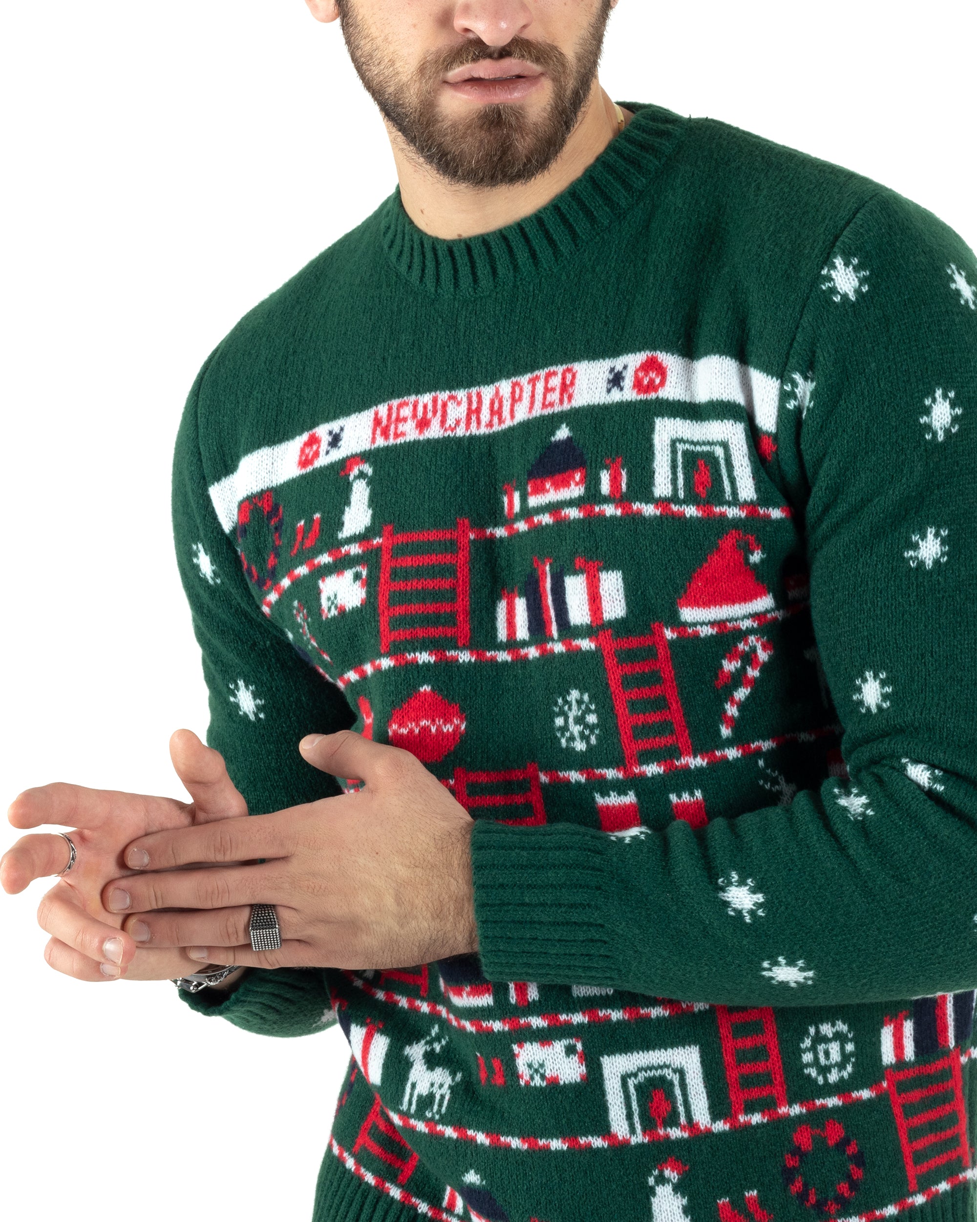 Maglione Uomo Natalizio Girocollo Maglia Calda Fantasia Casual Pullover Natalizio Morbido Verde GIOSAL-M2772A