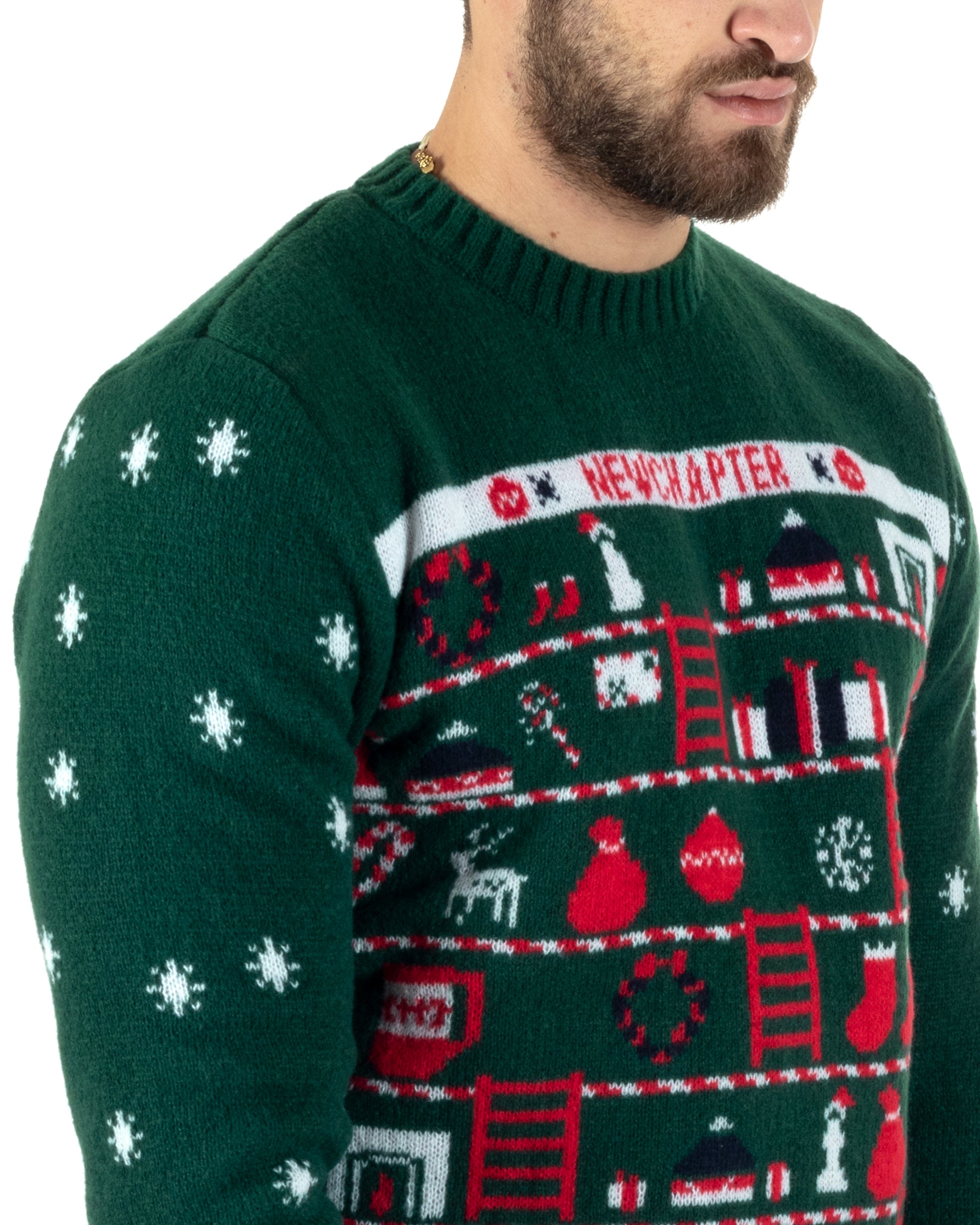 Maglione Uomo Natalizio Girocollo Maglia Calda Fantasia Casual Pullover Natalizio Morbido Verde GIOSAL-M2772A