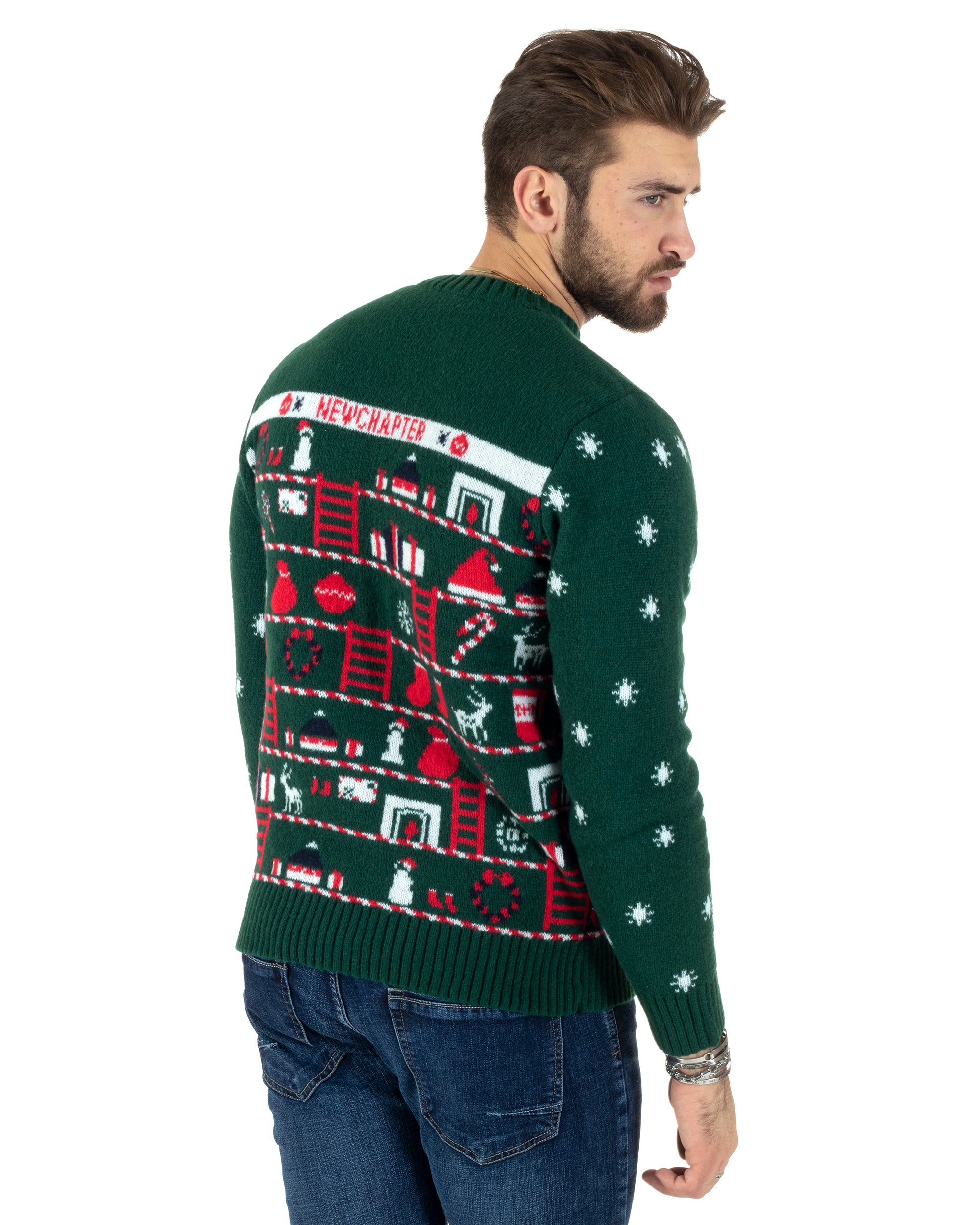 Maglione Uomo Natalizio Girocollo Maglia Calda Fantasia Casual Pullover Natalizio Morbido Verde GIOSAL-M2772A